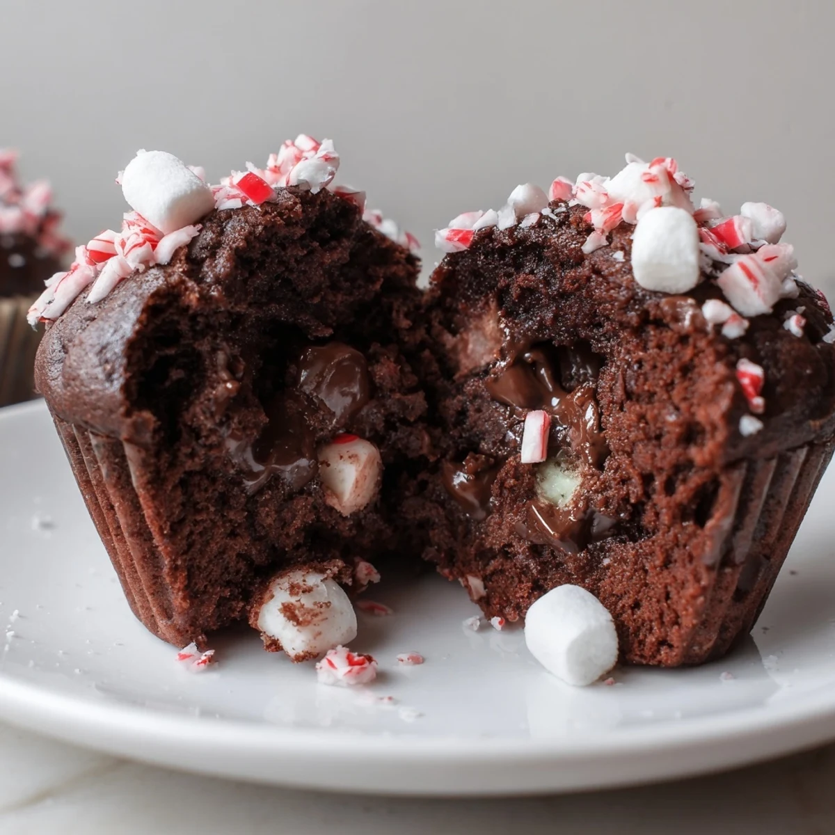 Close-up of Peppermint Hot Chocolate Muffins showing gooey centers and speckled candy.