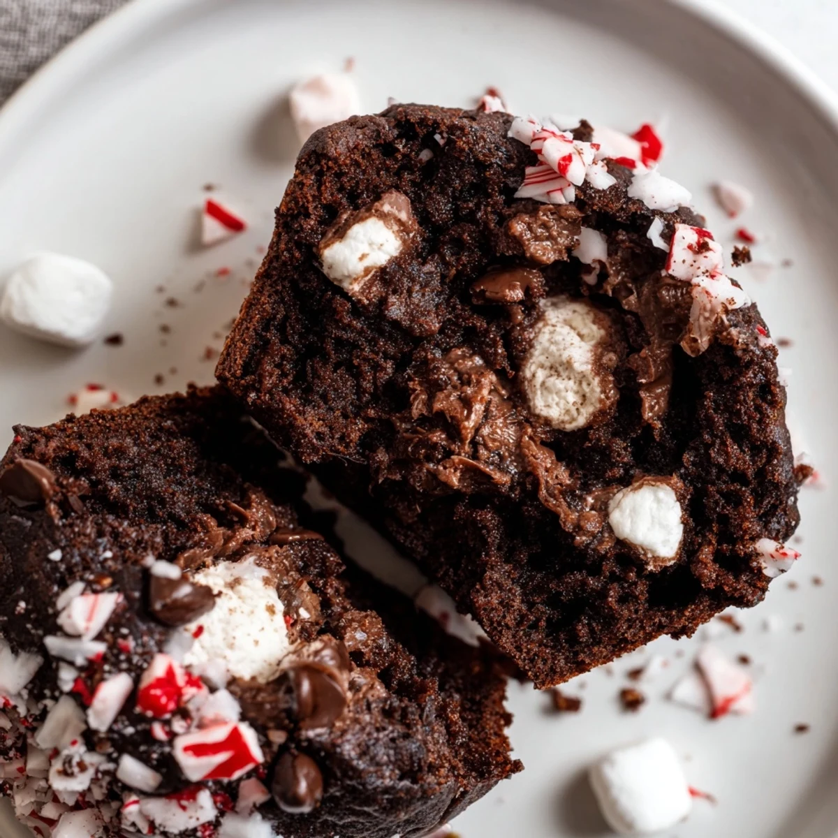 Stacked Peppermint Hot Chocolate Muffins beside steaming mug for cozy dessert.