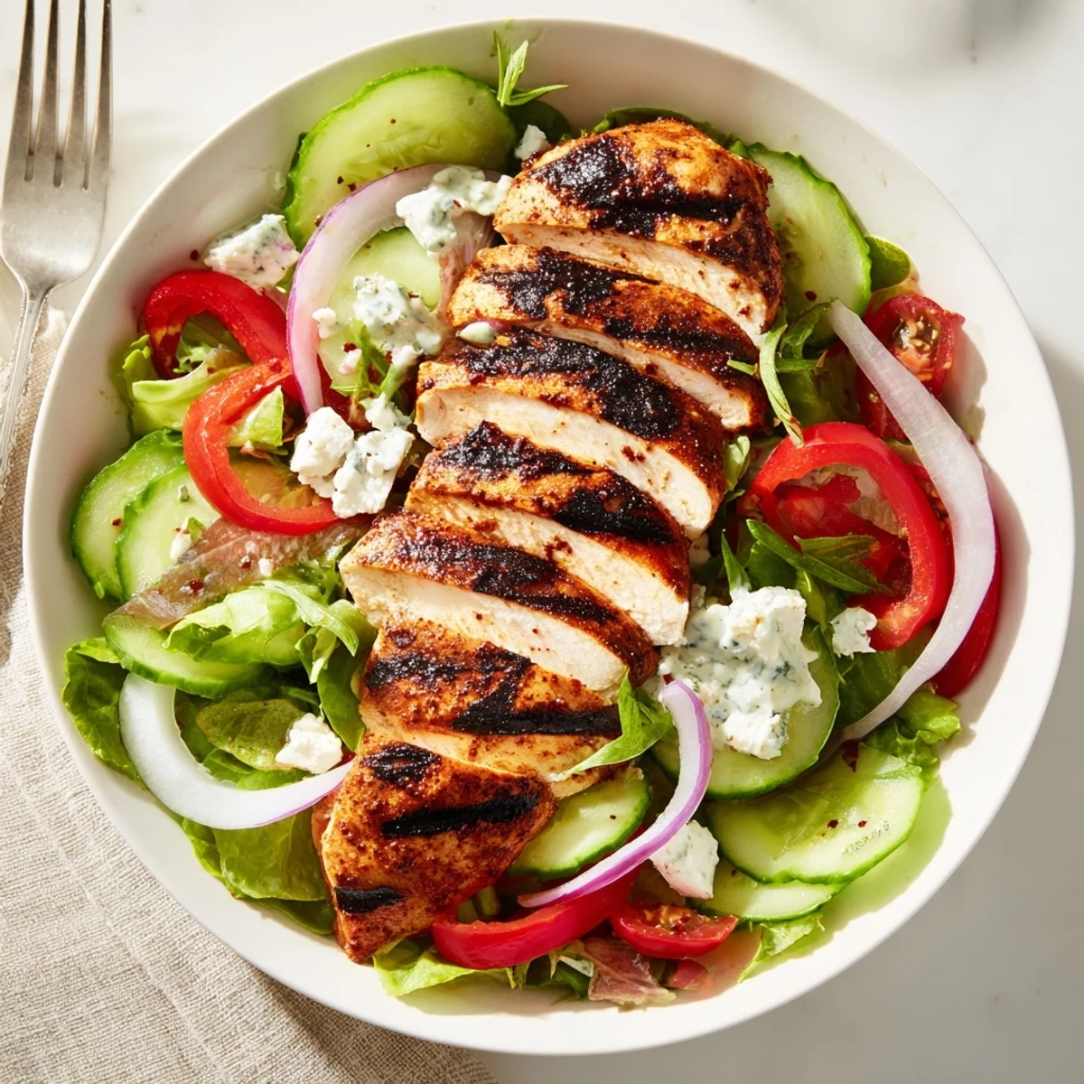 Grilled Chicken Salad Avocado Herb Dressing Recipe plated with sliced smoky chicken, crisp greens