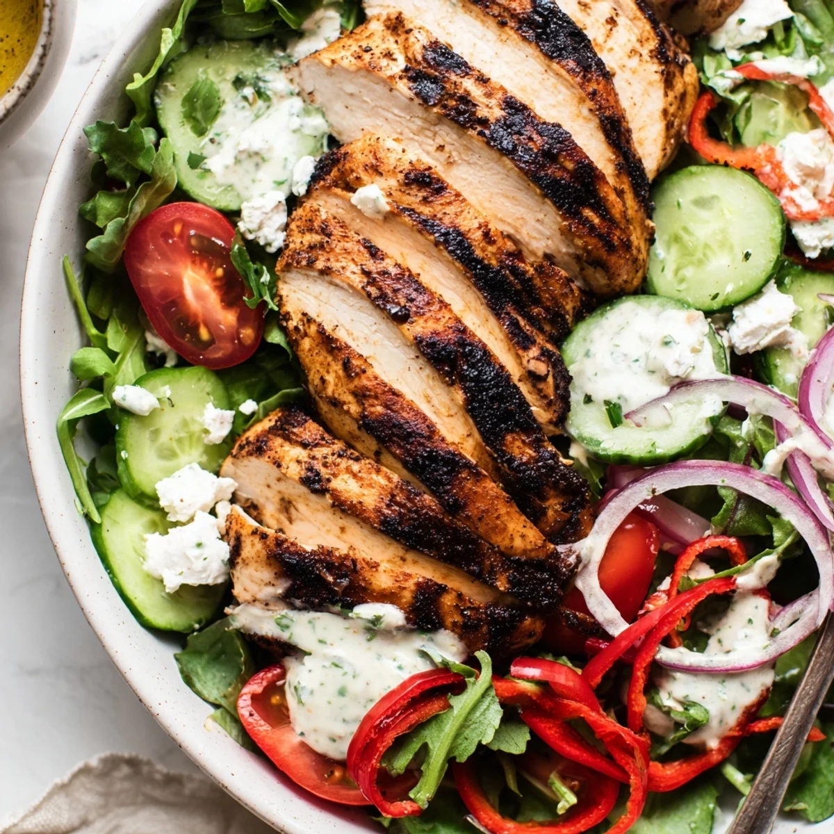 Bright Grilled Chicken Salad Avocado Herb Dressing Recipe topped with creamy lime dressing