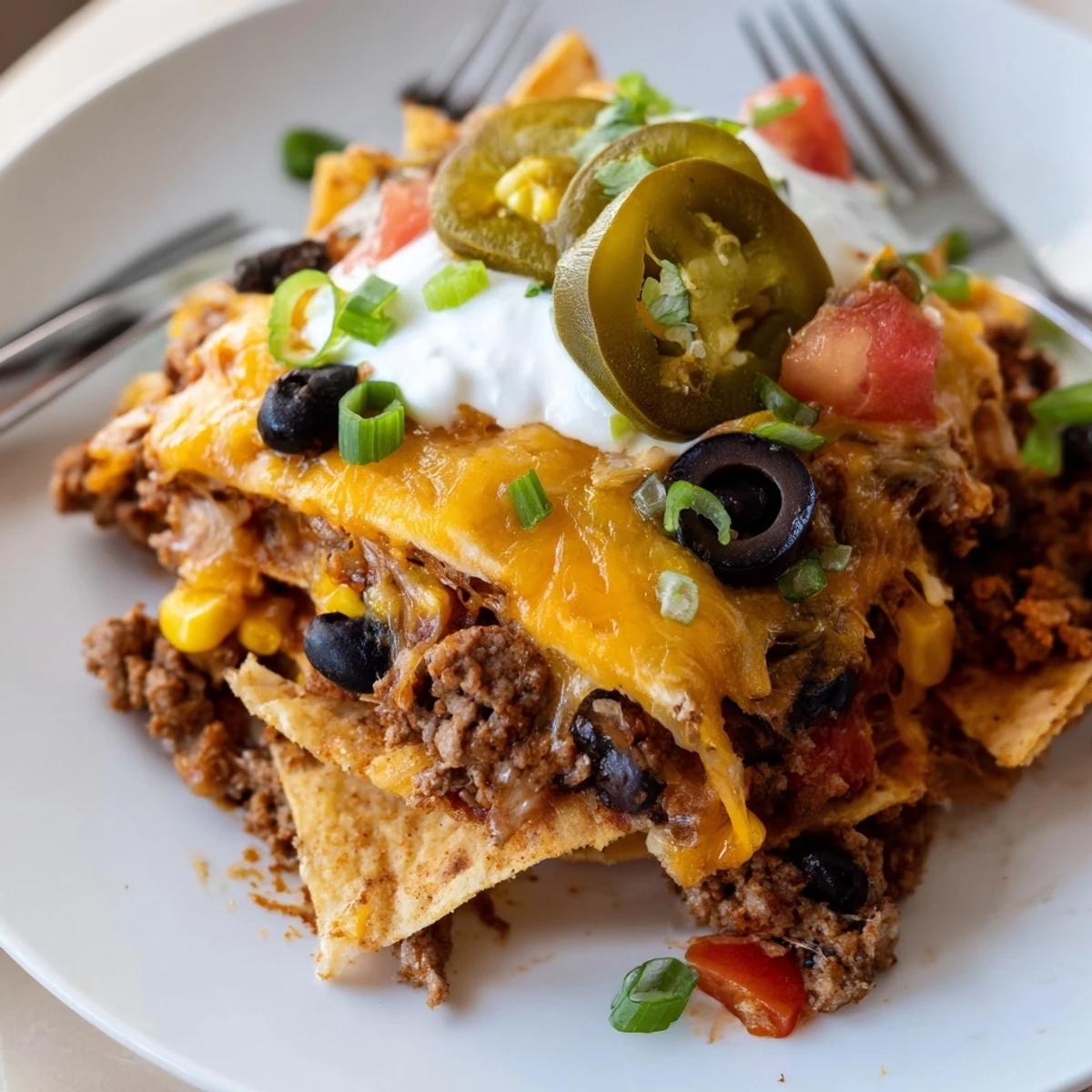 Cheesy Nacho Casserole bubbling golden, layers of beef, chips, and melted cheese