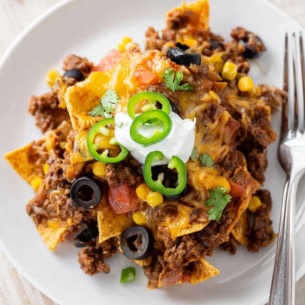 Warm baked in a 9x13 dish, Cheesy Nacho Casserole topped with sour cream
