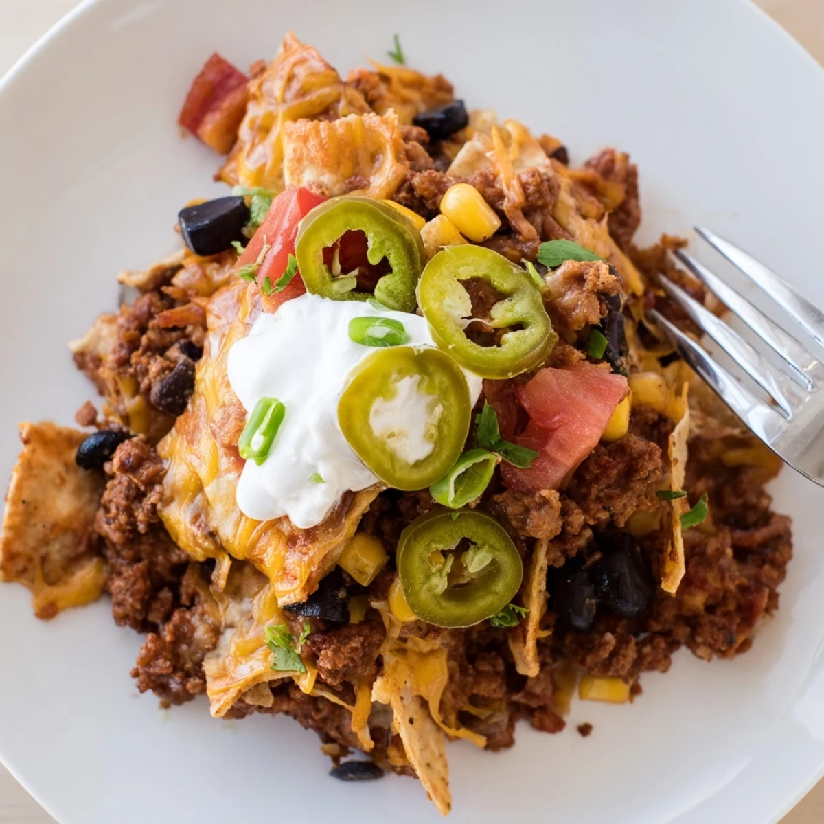 Crunchy chips, seasoned beef, bubbling cheese, perfect for game night Cheesy Nacho Casserole