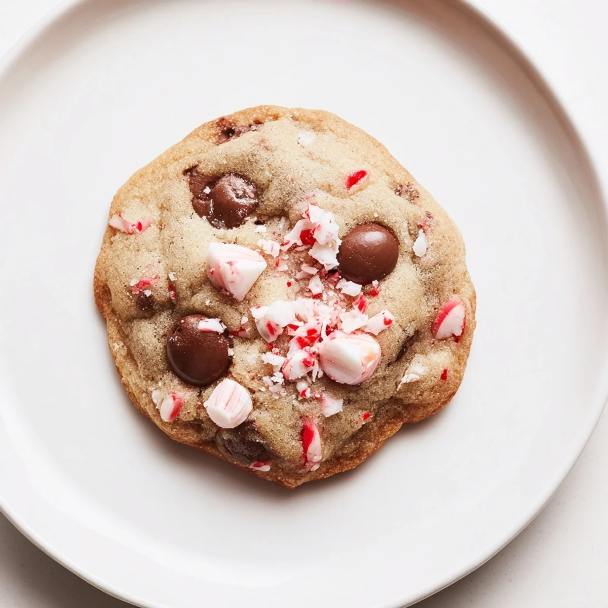 Peppermint Chocolate Chip Cookies warm from oven, glossy chips and crushed candy.