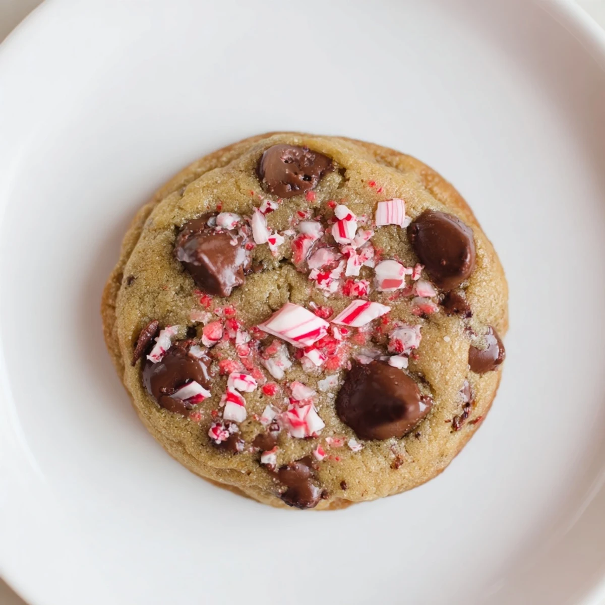 Stack of Peppermint Chocolate Chip Cookies with melting chocolate and peppermint sprinkle.