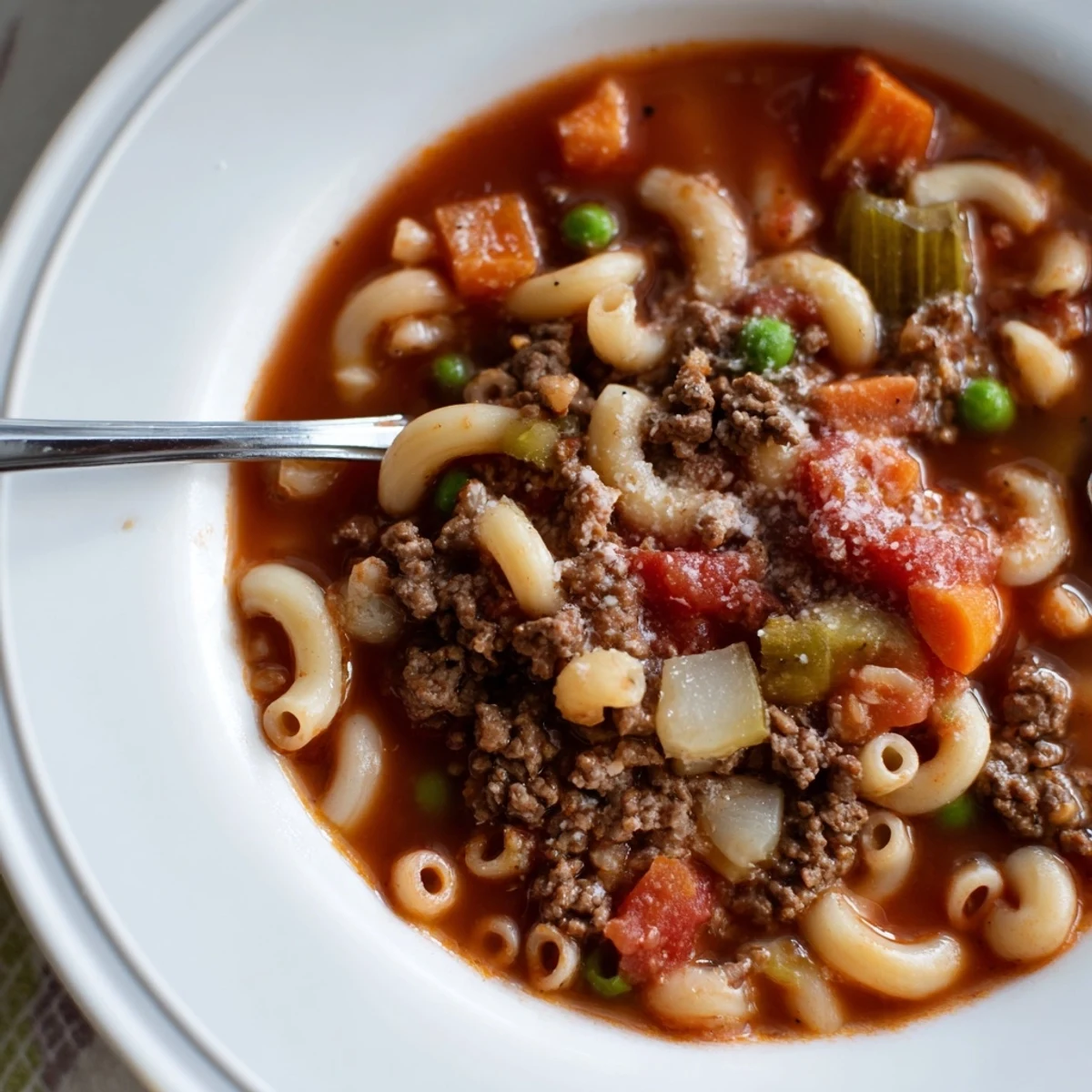 Steaming bowl of Delicious Homemade Ground Beef Pasta Soup, rich tomato and herbs