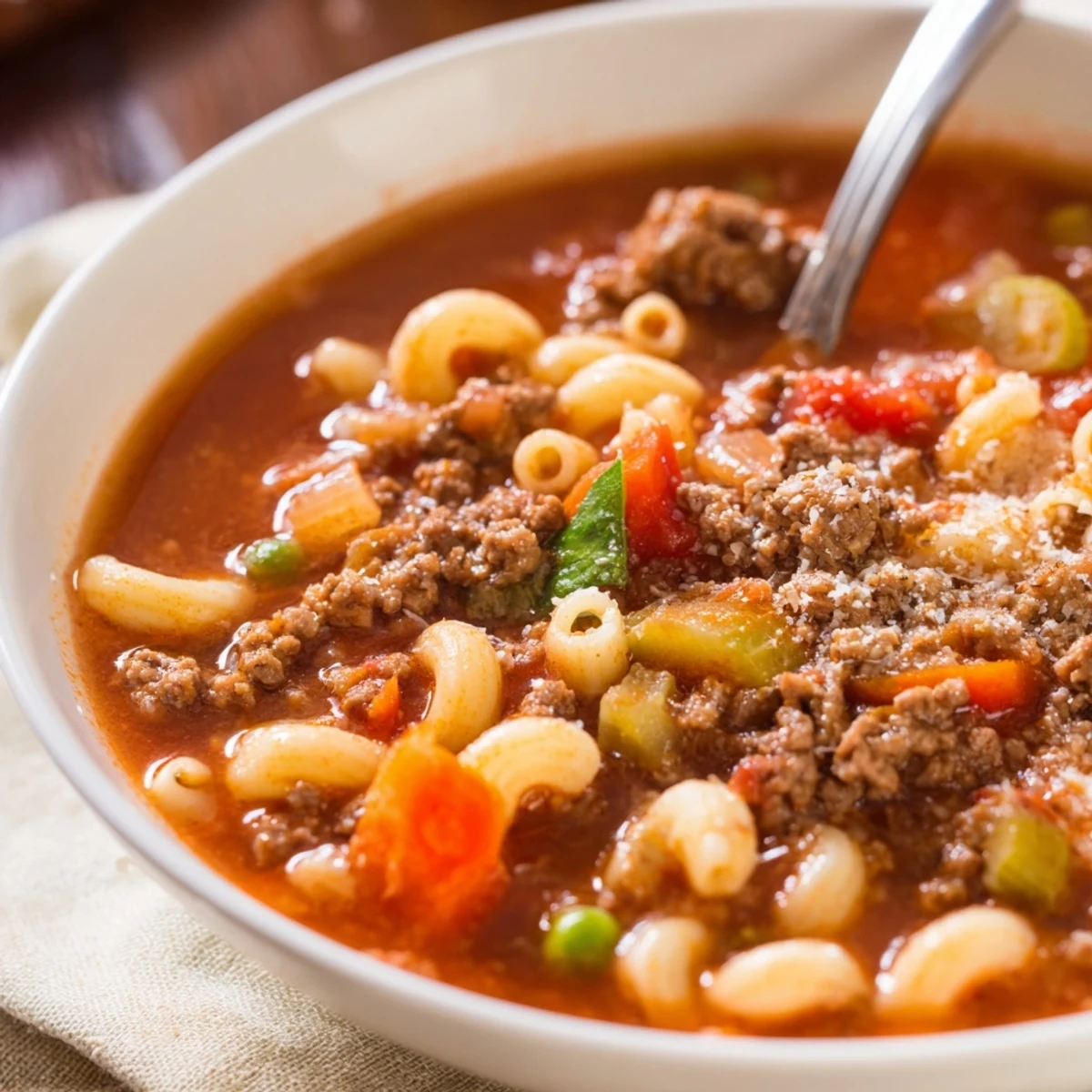 Ladle pouring Delicious Homemade Ground Beef Pasta Soup into bowl, crusty bread nearby