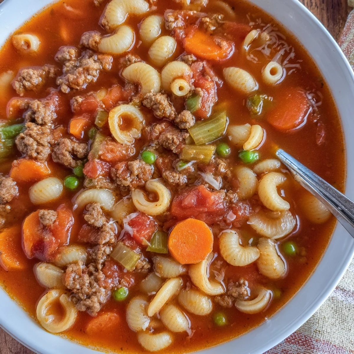 Close-up of Delicious Homemade Ground Beef Pasta Soup, tender beef, chewy ditalini
