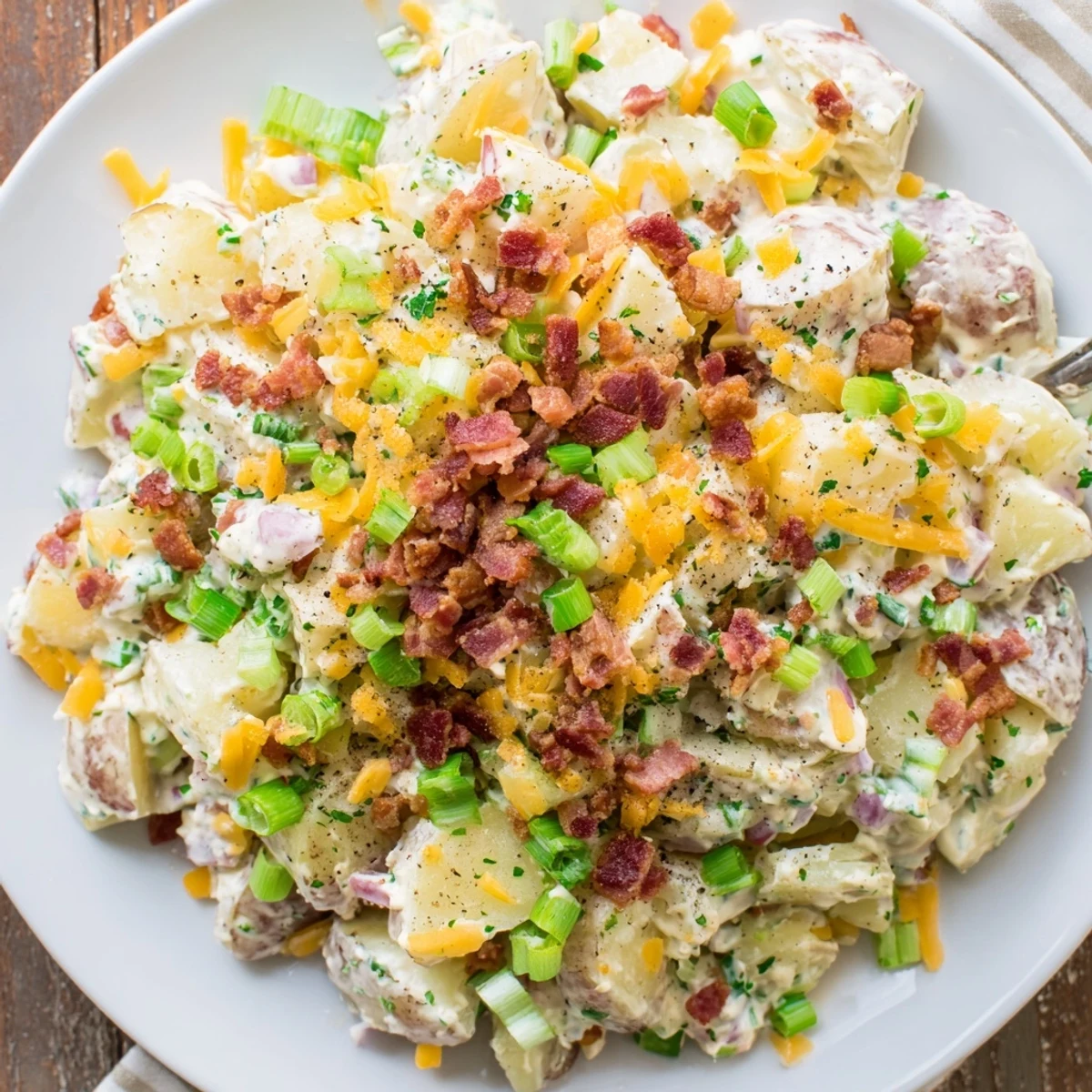 Potluck-ready Beef Bacon Loaded Potato Salad, creamy dressing, crispy beef bacon garnish