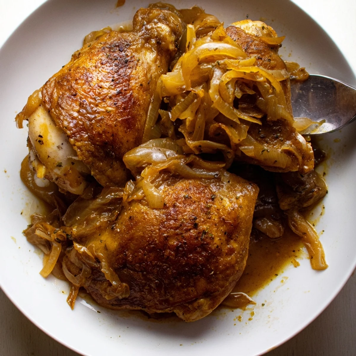 A close up of Savory Smothered Chicken Thighs In Rich Gravy Recipe, golden onions