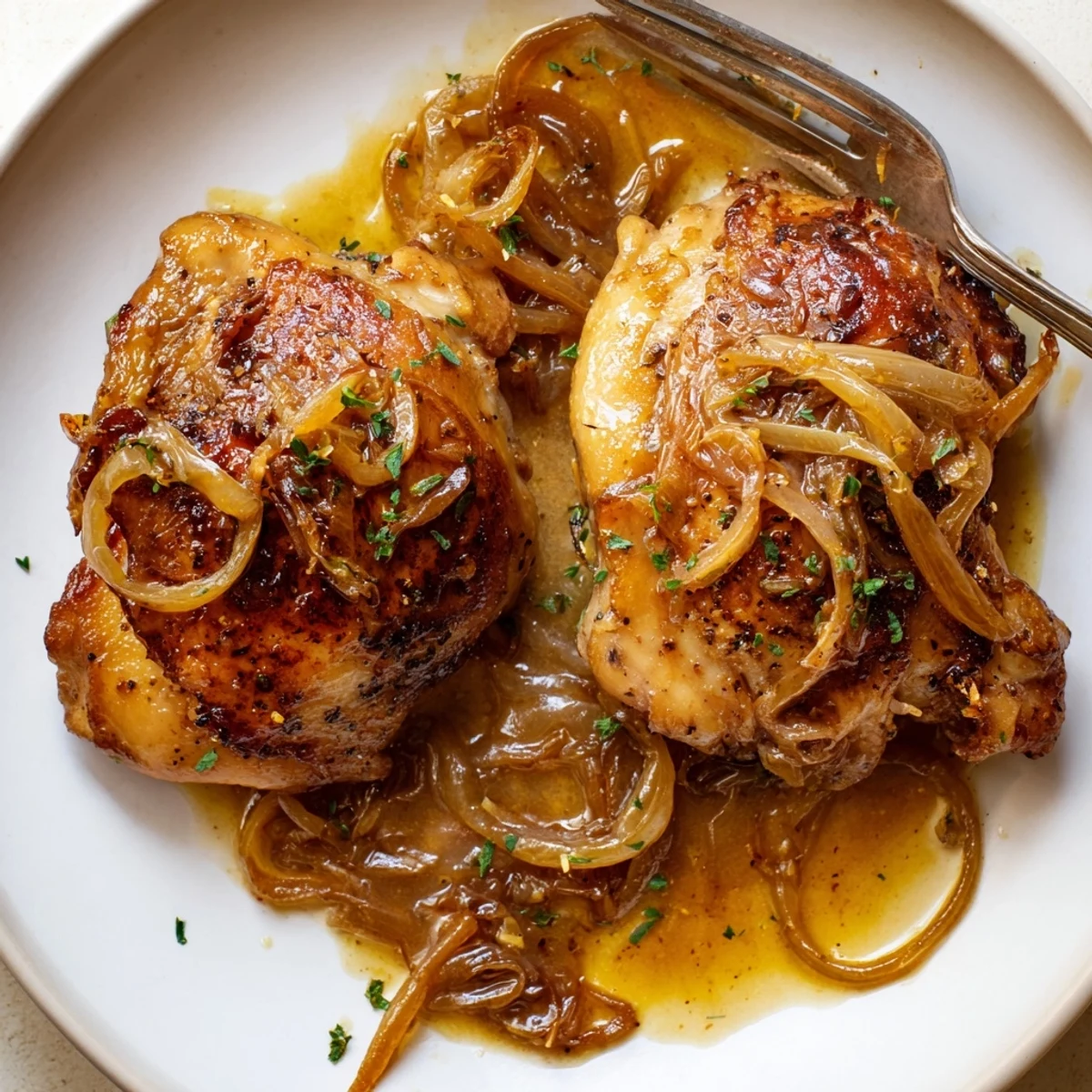 Skillet of Savory Smothered Chicken Thighs In Rich Gravy Recipe, fragrant parsley