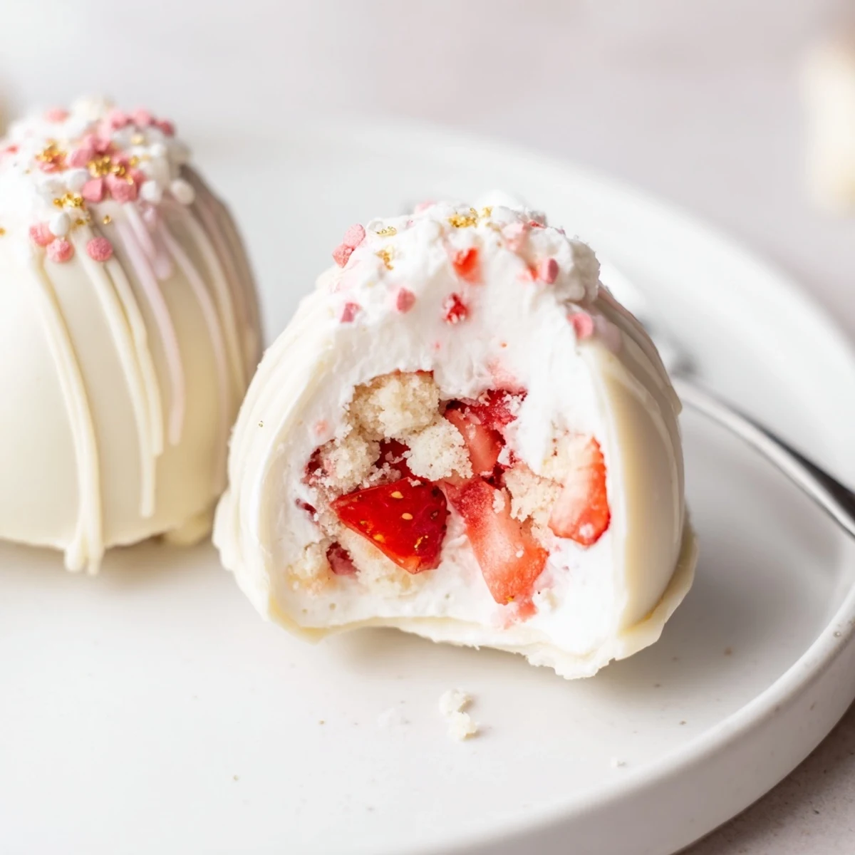 Strawberry Shortcake Easter Egg Bombs with glossy chocolate shells and whipped filling