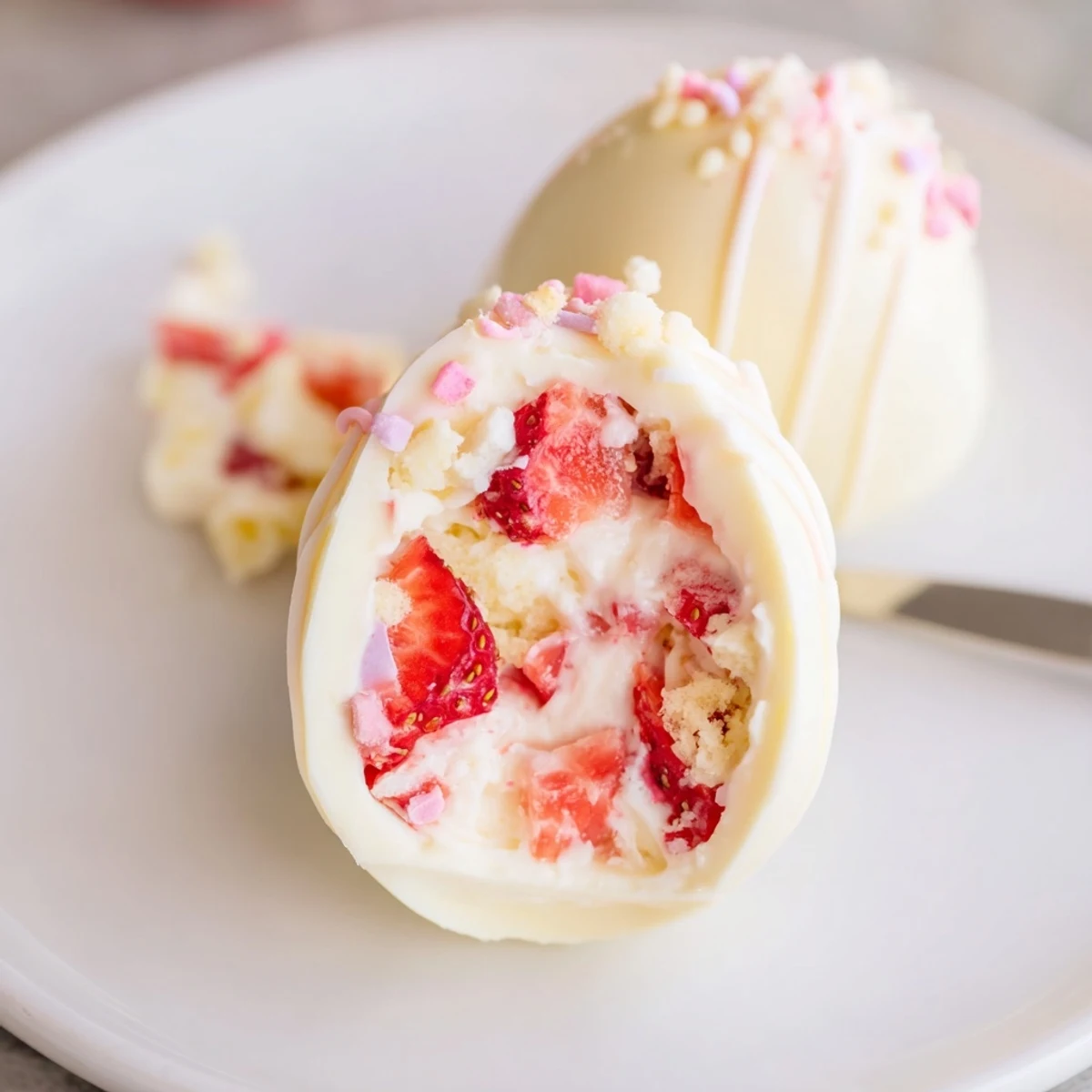 Handheld Strawberry Shortcake Easter Egg Bombs showing macerated strawberries and biscuit crunch