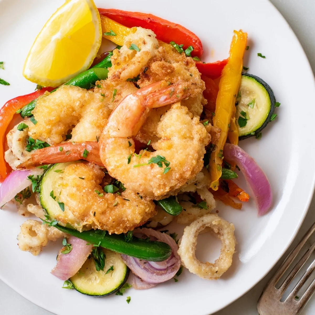 Golden Crispy Shrimp Fritto Misto piled with lemon wedges and parsley