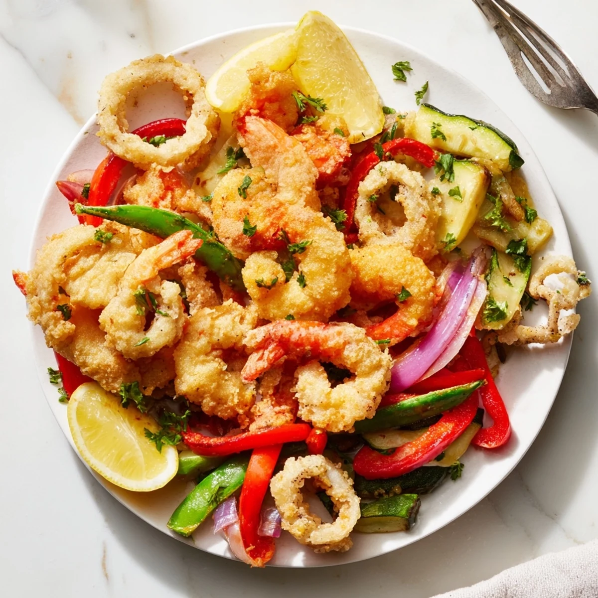 Lightly battered Crispy Shrimp Fritto Misto served hot with aioli dip