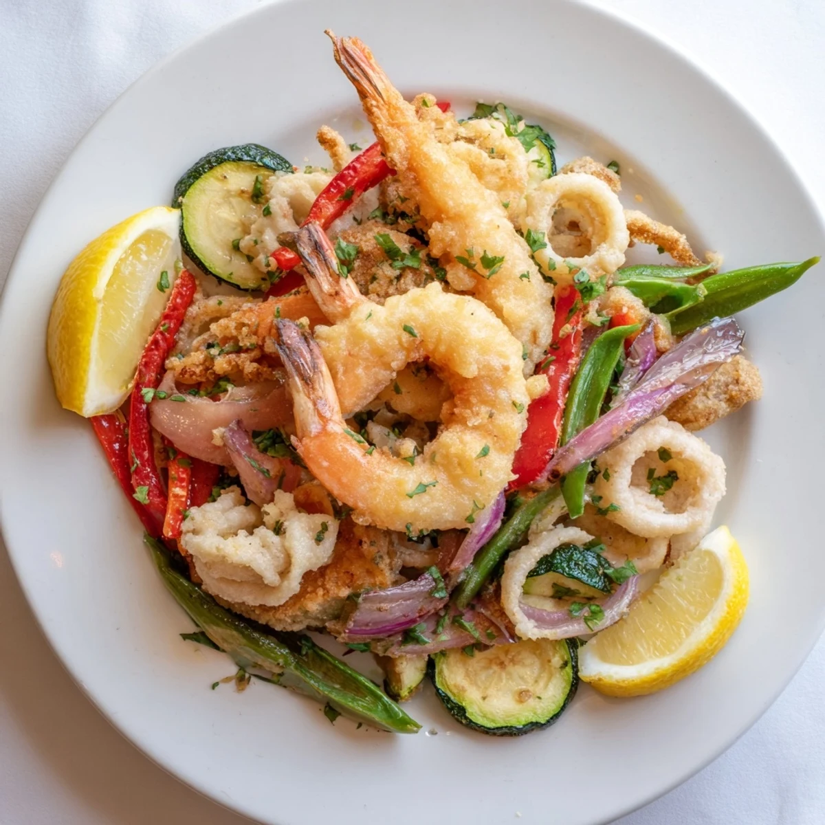 Crispy Shrimp Fritto Misto arranged on platter, lemon wedges ready for squeezing