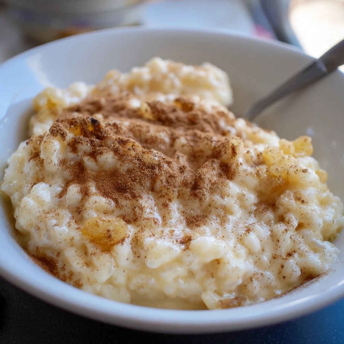 Chilled condensed milk baked rice pudding, creamy texture with plump raisins and cinnamon