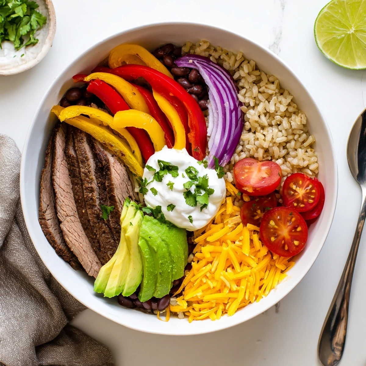 Steak Fajita Power Bowls with sizzling marinated steak, vibrant peppers, creamy avocado.