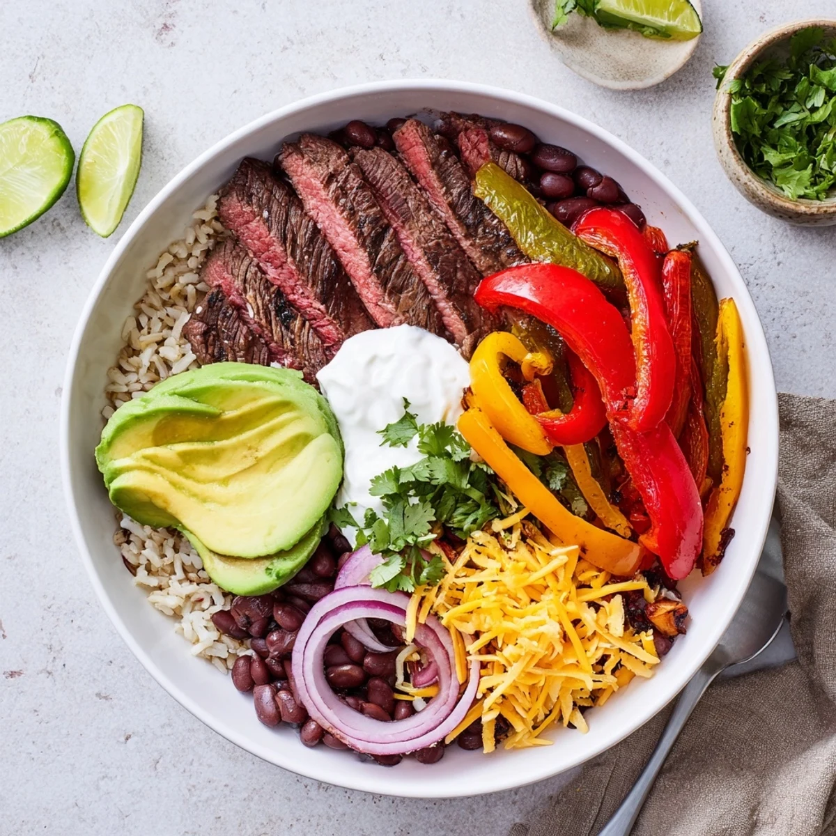 Steak Fajita Power Bowls topped with smoky seared steak, melting cheddar, cilantro.