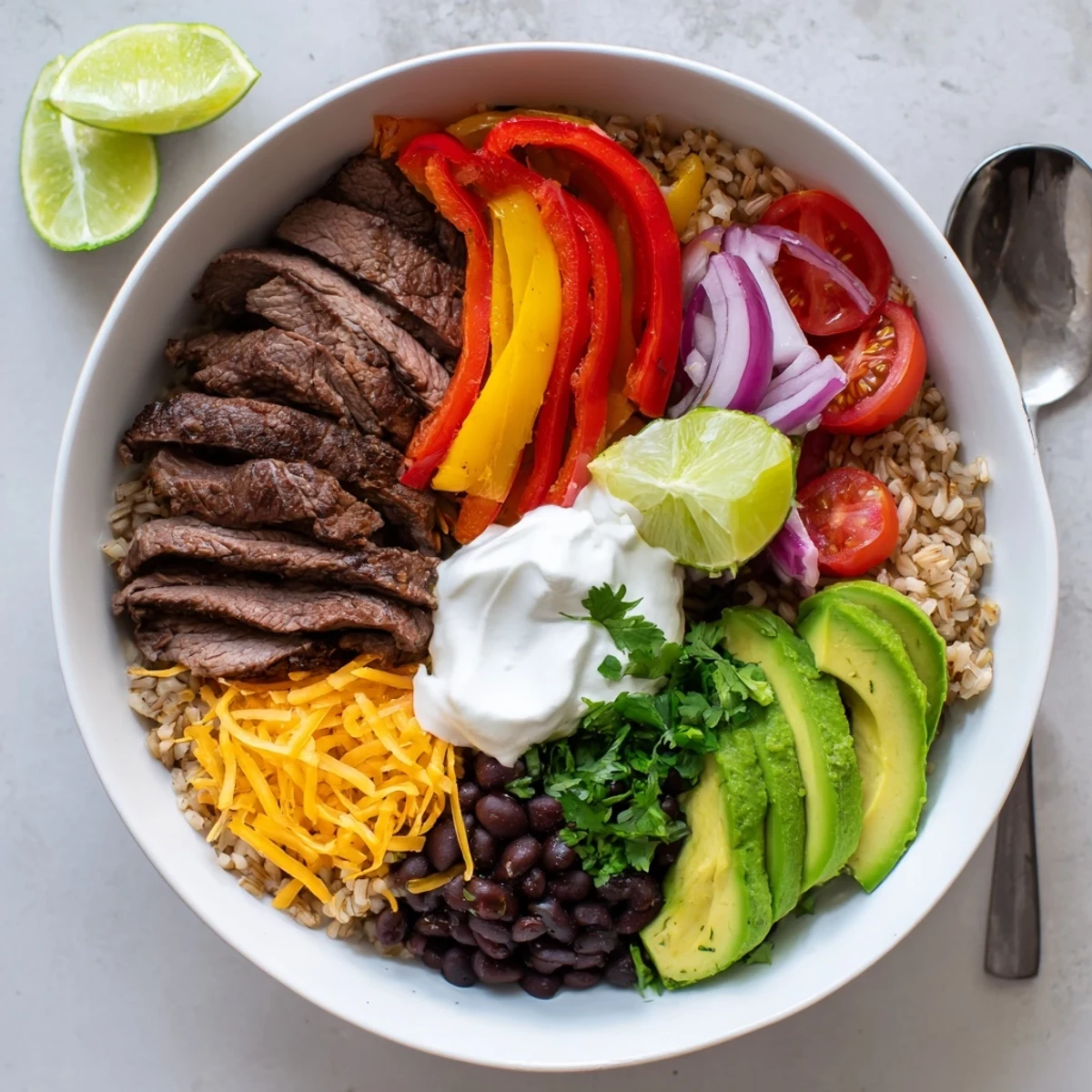 Steak Fajita Power Bowls layered over warm brown rice, zesty lime wedges.