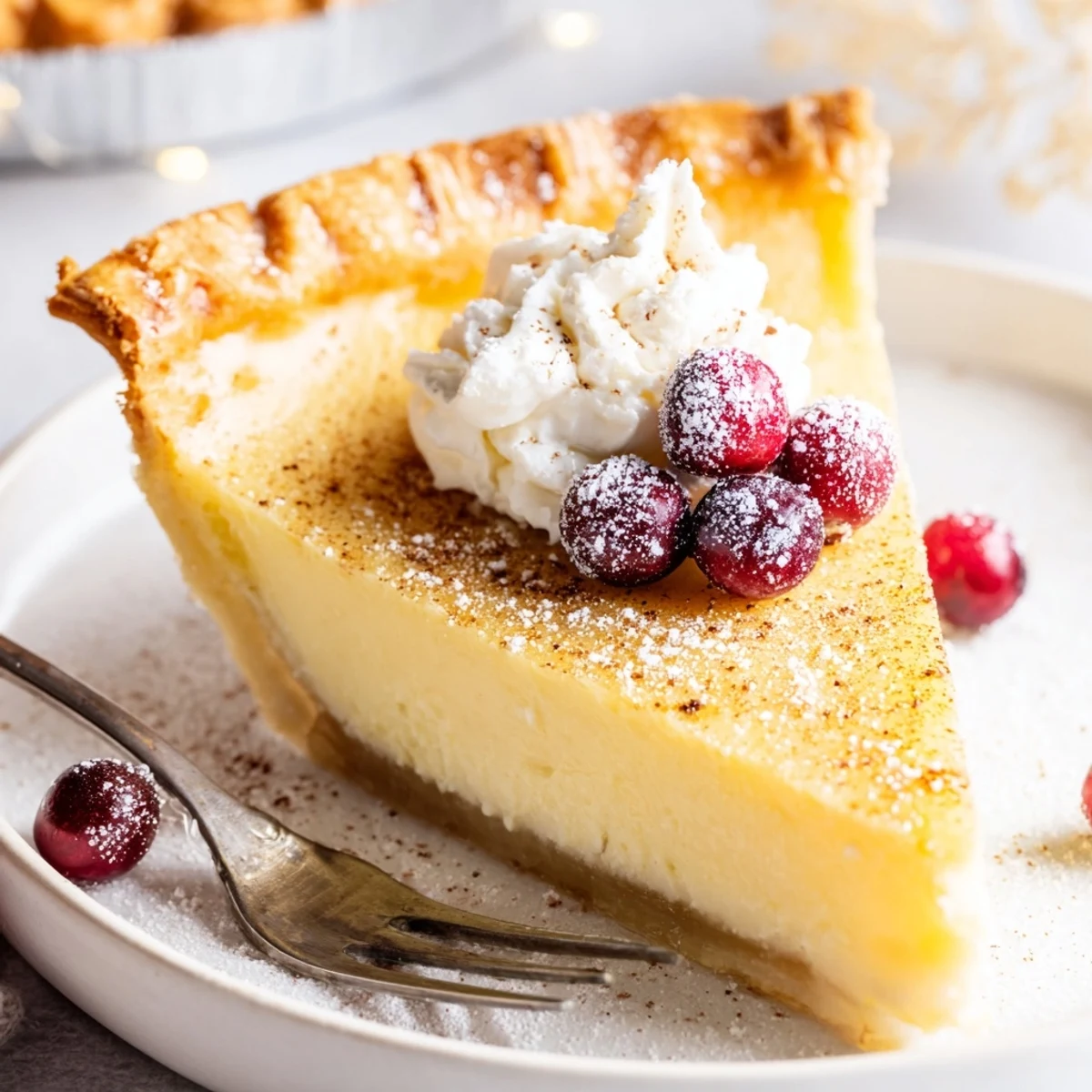 Christmas Eve Custard Pie With Cinnamon Vanilla cooling on wire rack, powdered sugar dusted