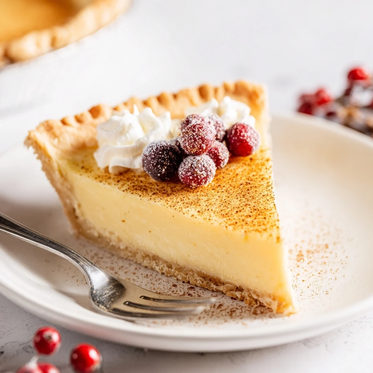 Sliced Christmas Eve Custard Pie With Cinnamon Vanilla, silky filling and warm aroma