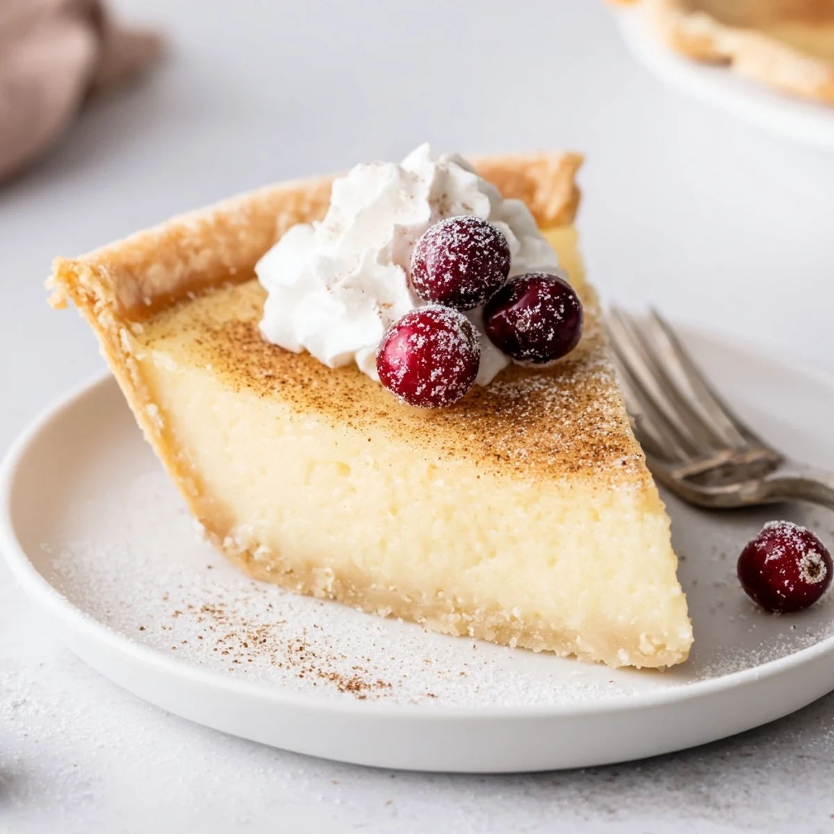 Warm-spiced Christmas Eve Custard Pie With Cinnamon Vanilla served with whipped cream