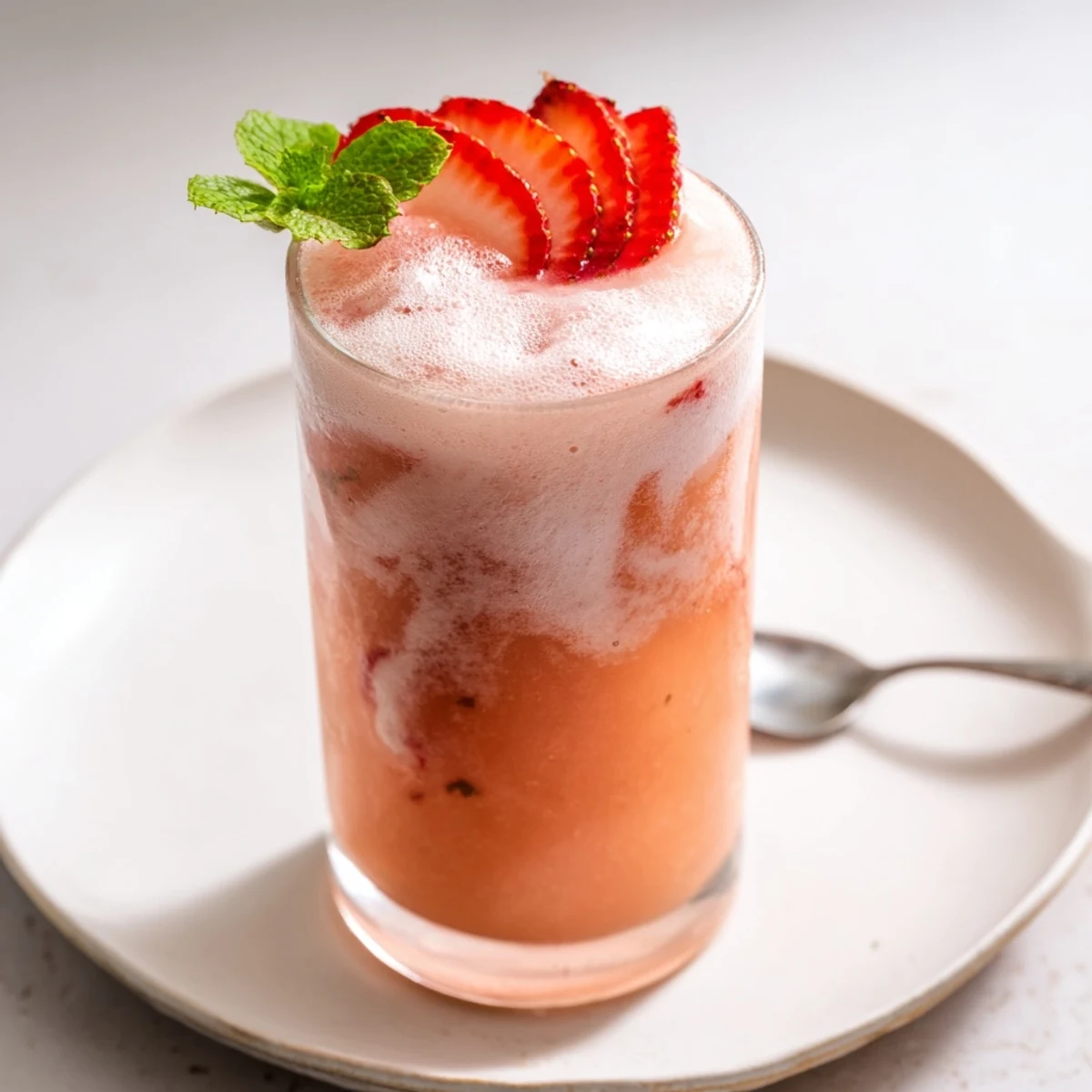 Chilled strawberry pink Strawberry Coconut Cooler Recipe served in glasses with mint