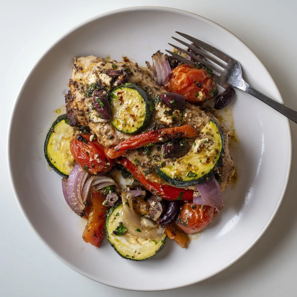 Sheet Pan Mediterranean Chicken Zucchini roasting with golden zucchini slices, blistered tomatoes, olives