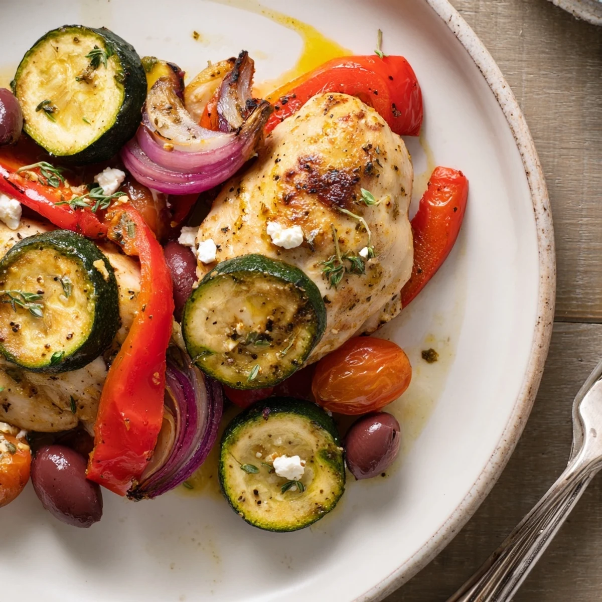 Family-style Sheet Pan Mediterranean Chicken Zucchini with lemony garlic juices and chopped parsley