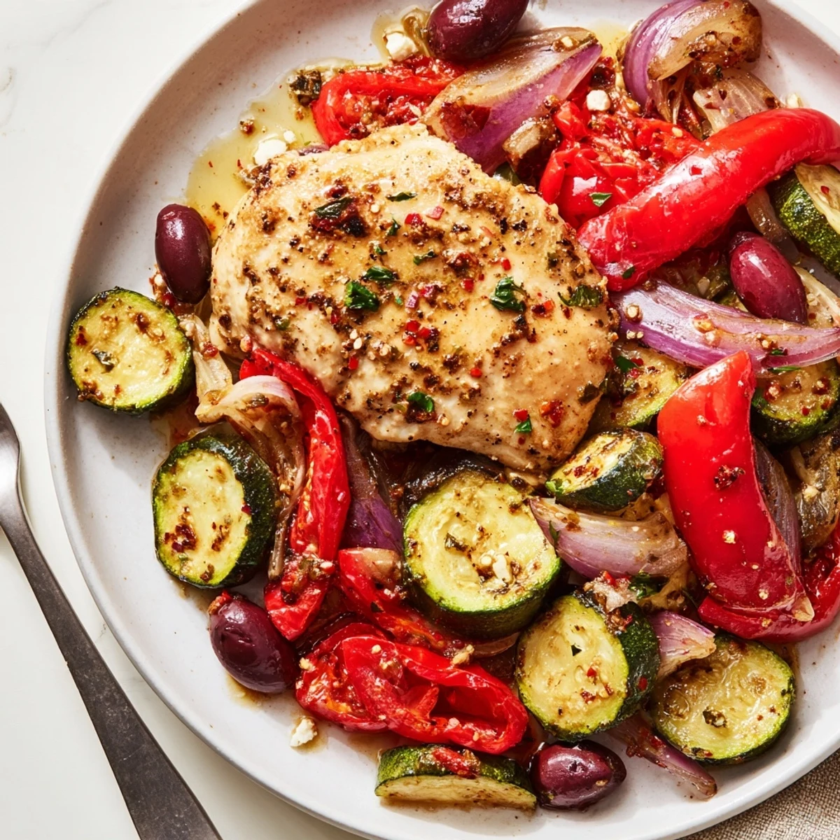Oven-browned Sheet Pan Mediterranean Chicken Zucchini served hot with crumbled feta