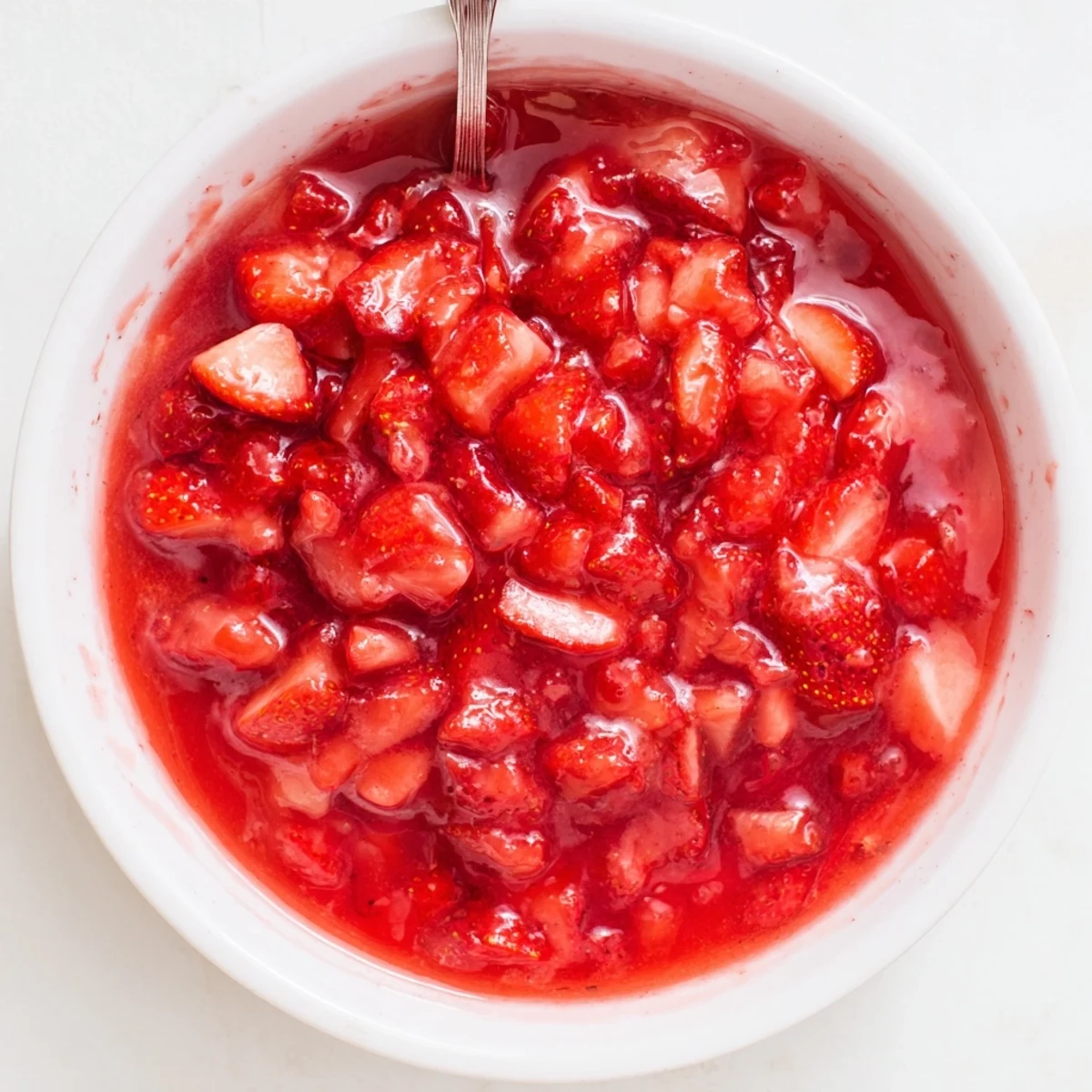 Warm Strawberry Cake Filling Recipe spooned between vanilla cake layers, sweet and tart aroma