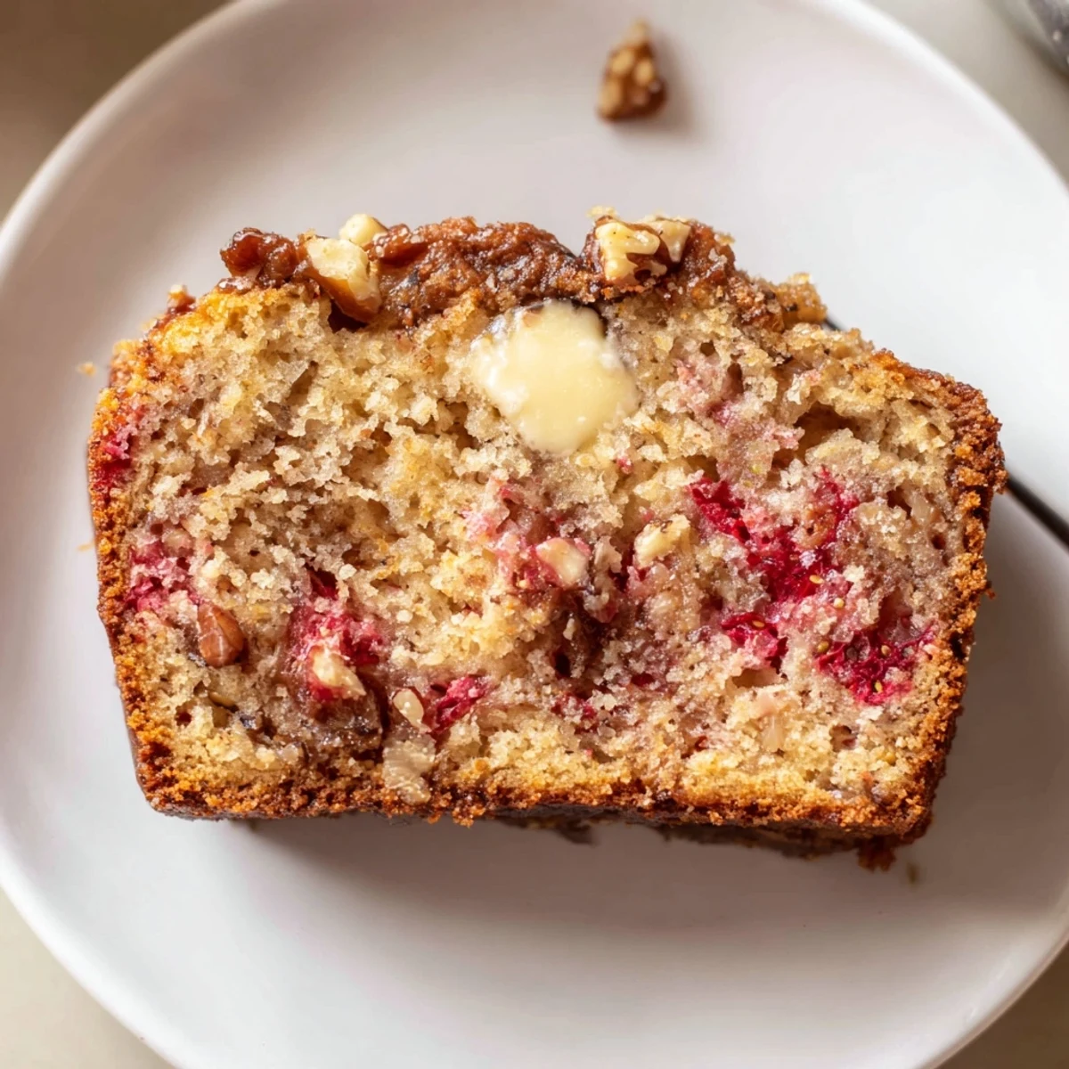 Sliced Strawberry Banana Bread Recipe with fragrant crumb and glistening strawberry bits