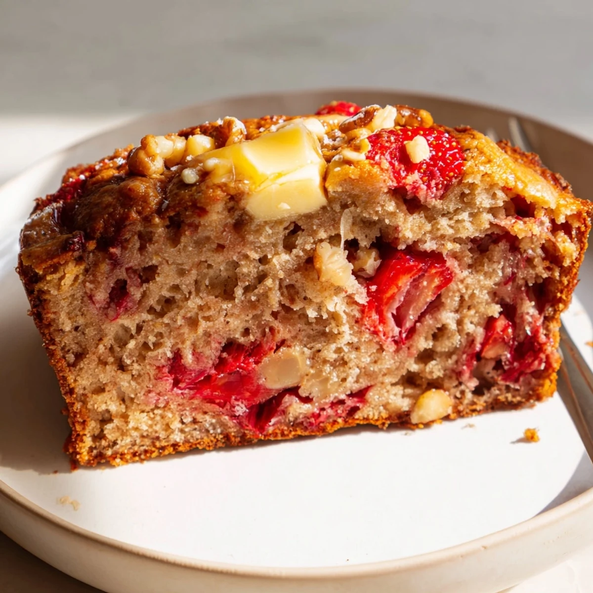 Golden-crusted Strawberry Banana Bread Recipe drizzled with honey, nutty crunch optional