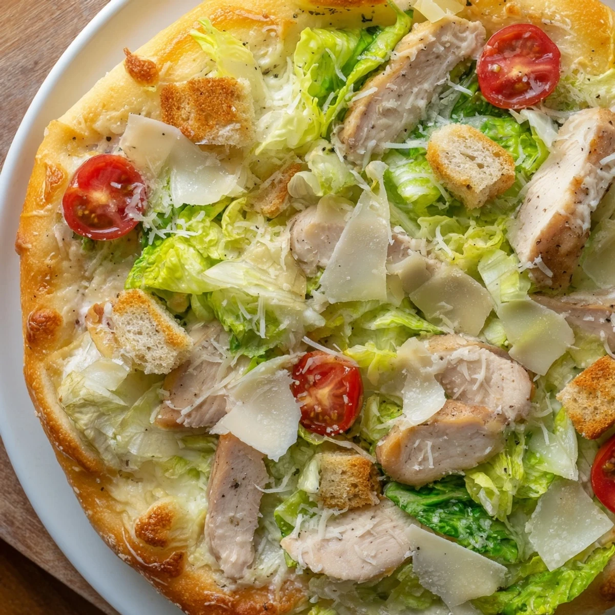 Golden chicken Caesar salad pizza with bubbling mozzarella and fresh romaine lettuce topping