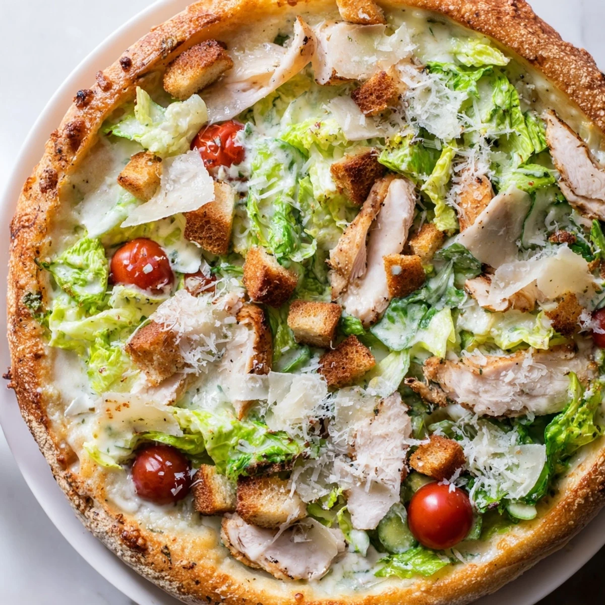 Crispy crust pizza topped with seasoned chicken, creamy Caesar dressing, and shaved Parmesan cheese