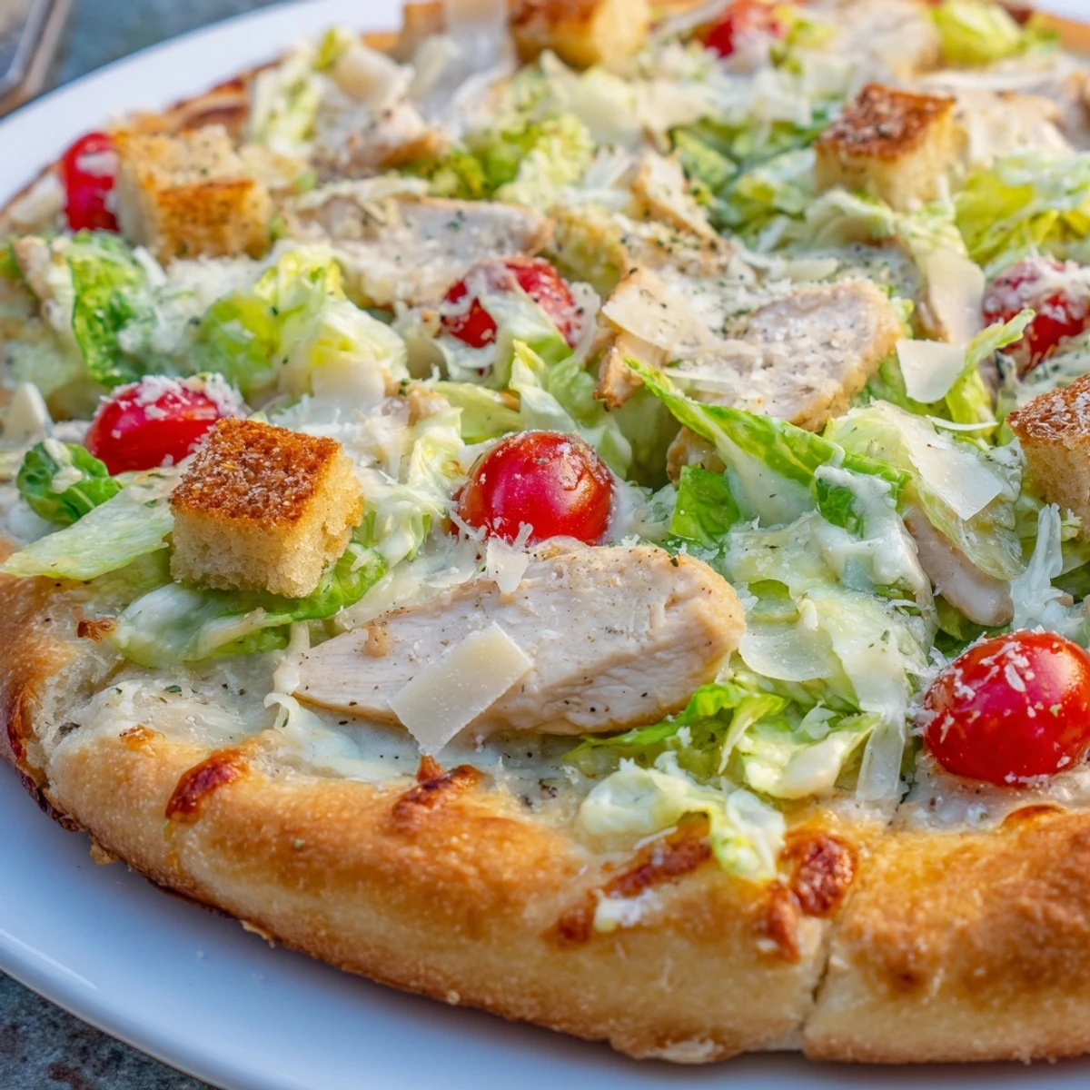 Sliced chicken Caesar salad pizza featuring juicy chicken breast and crisp romaine on golden dough