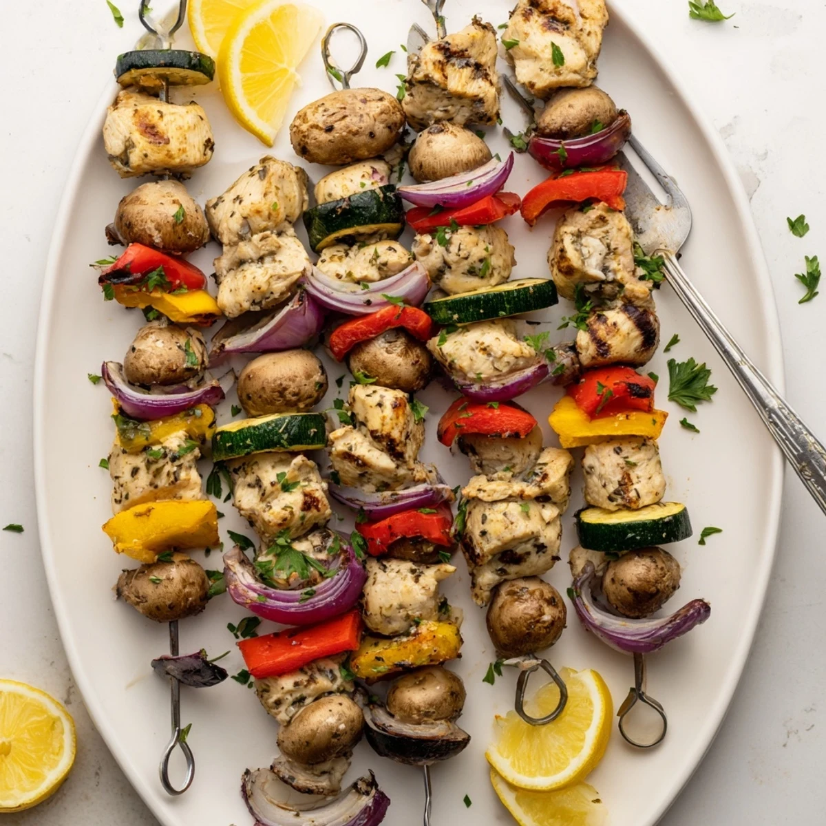 Colorful grilled chicken kabobs with vegetables recipe threaded on skewers with charred bell peppers and zucchini