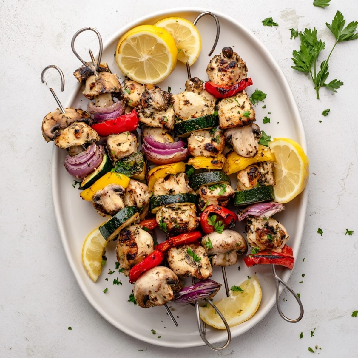 Juicy marinated chicken kabobs with vegetables recipe featuring tender meat and crisp grilled Mediterranean vegetables on metal skewers
