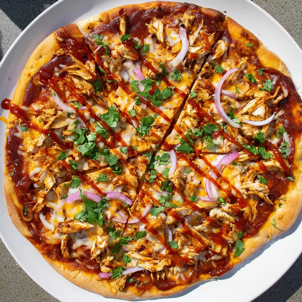 Smoky grilled BBQ chicken pizza with bubbling cheese and fresh cilantro sprinkled on top