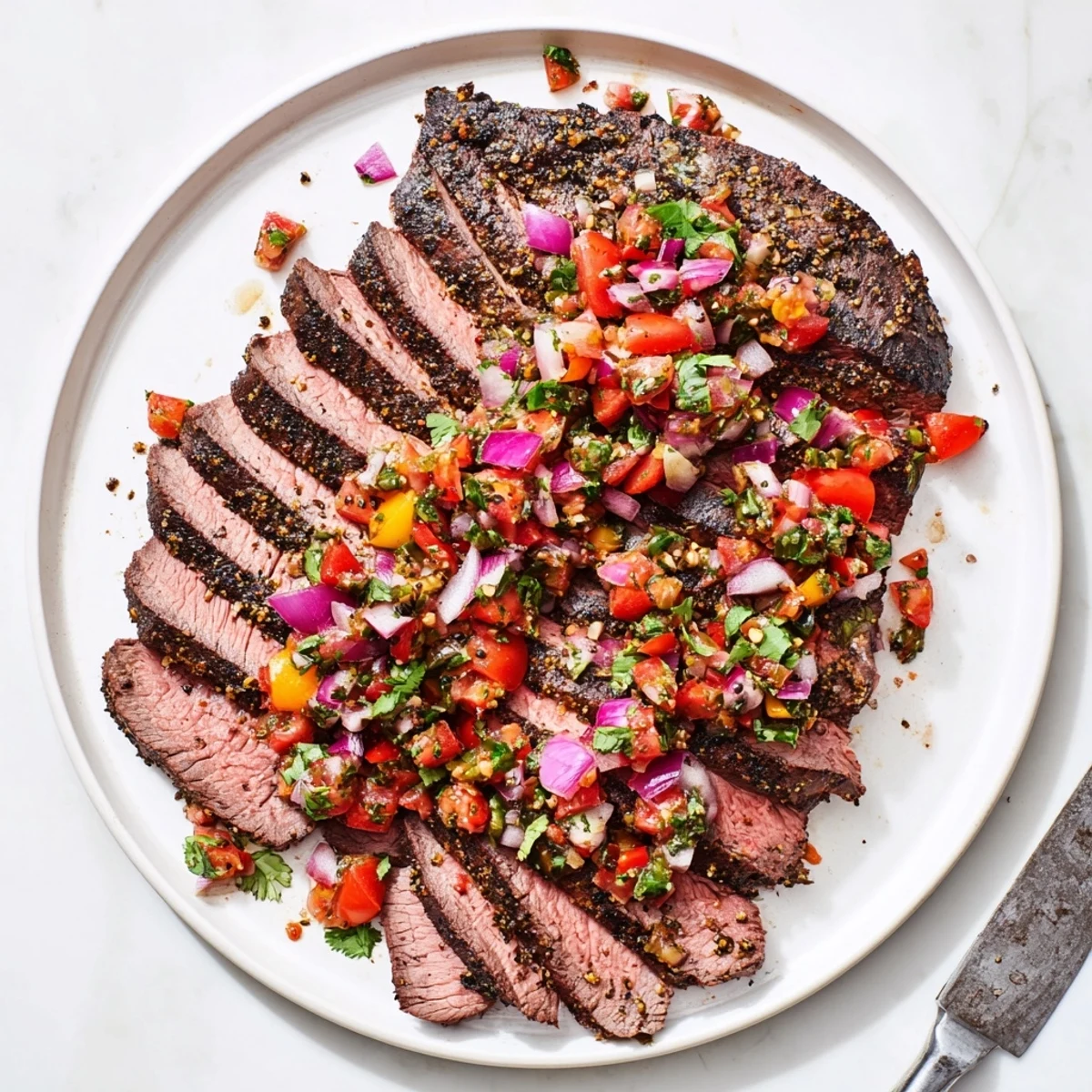 Perfectly grilled flank steak sliced and topped with vibrant poblano pico de gallo on a white platter