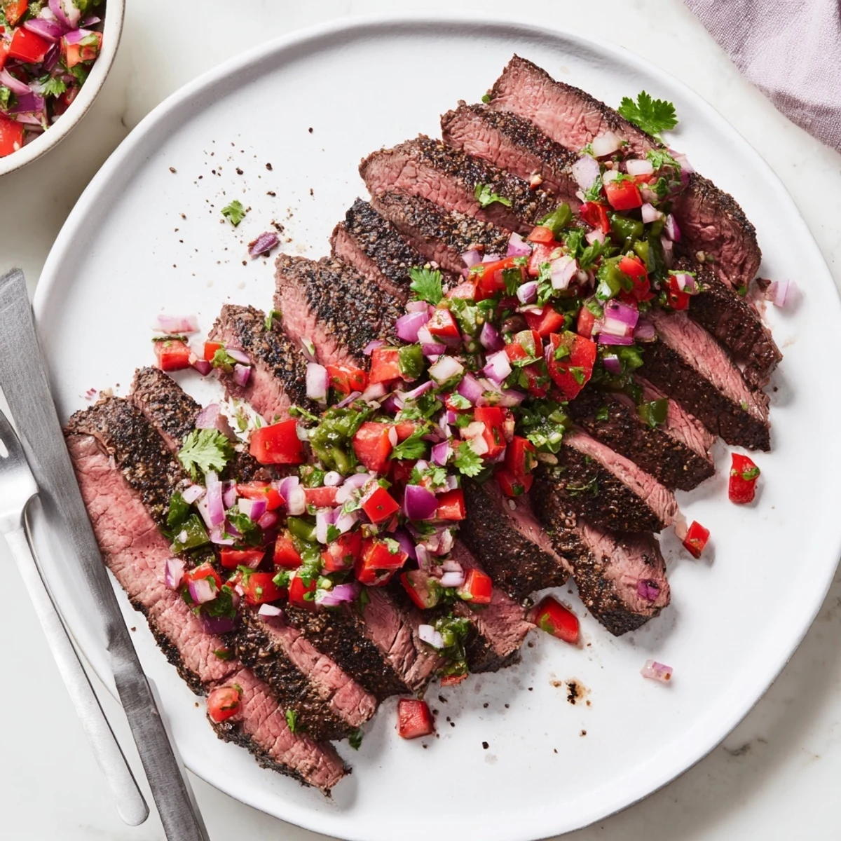 Juicy Mexican-inspired grilled flank steak recipe served with fresh charred poblano pepper salsa for summer