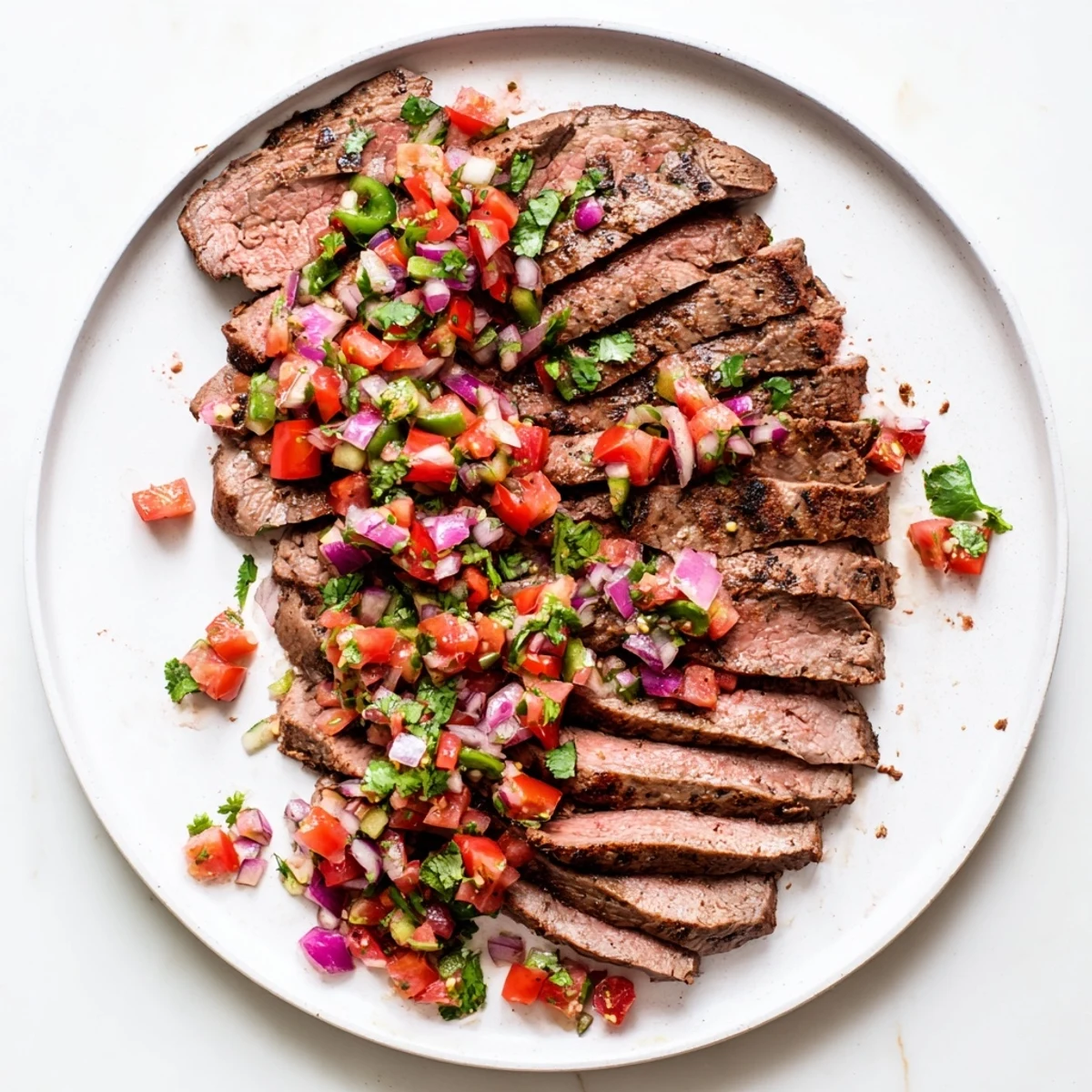 Grilled flank steak with poblano pico recipe featuring tender sliced meat garnished with colorful tomato-chile relish