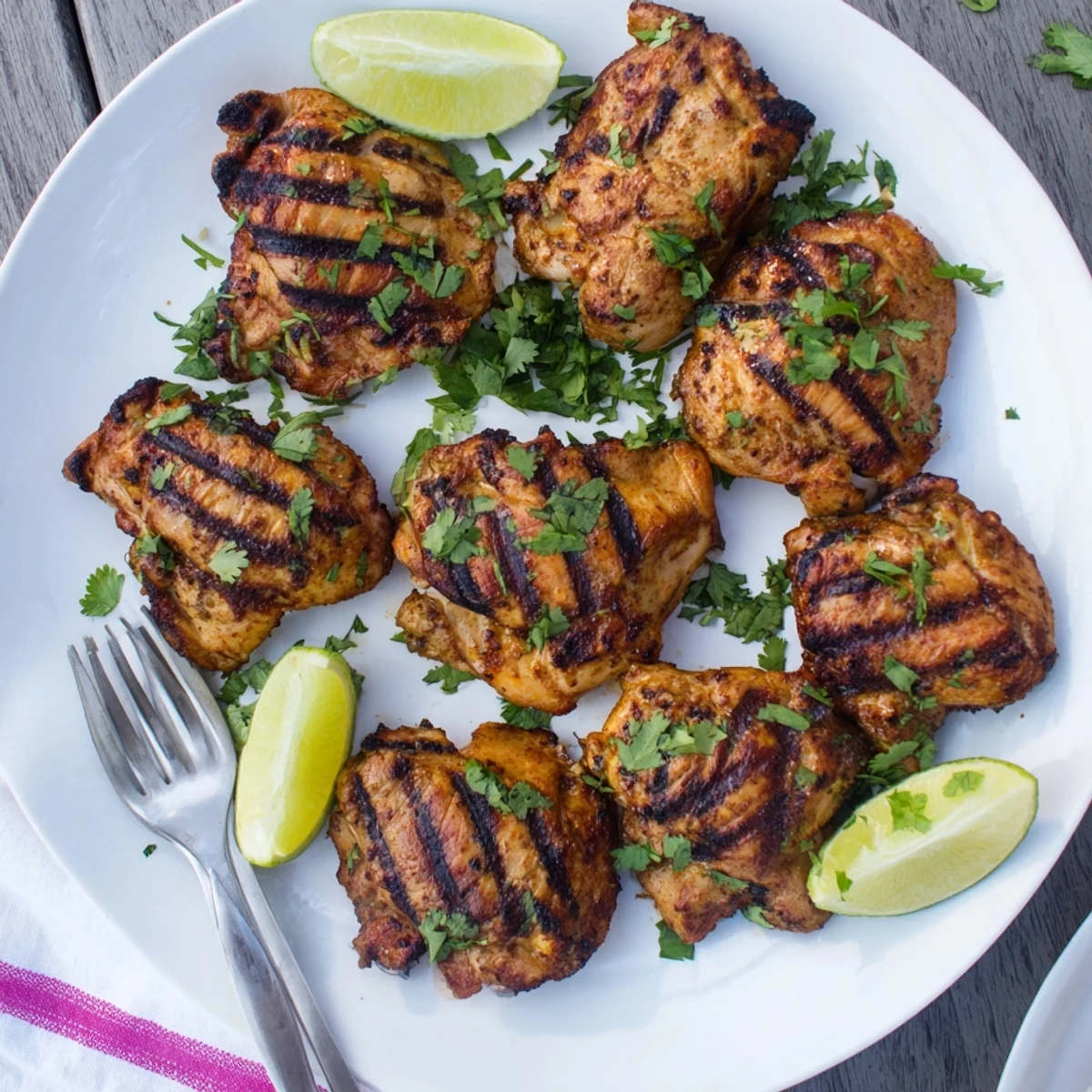 Juicy grilled cilantro lime chicken thighs with charred grill marks and fresh herb garnish