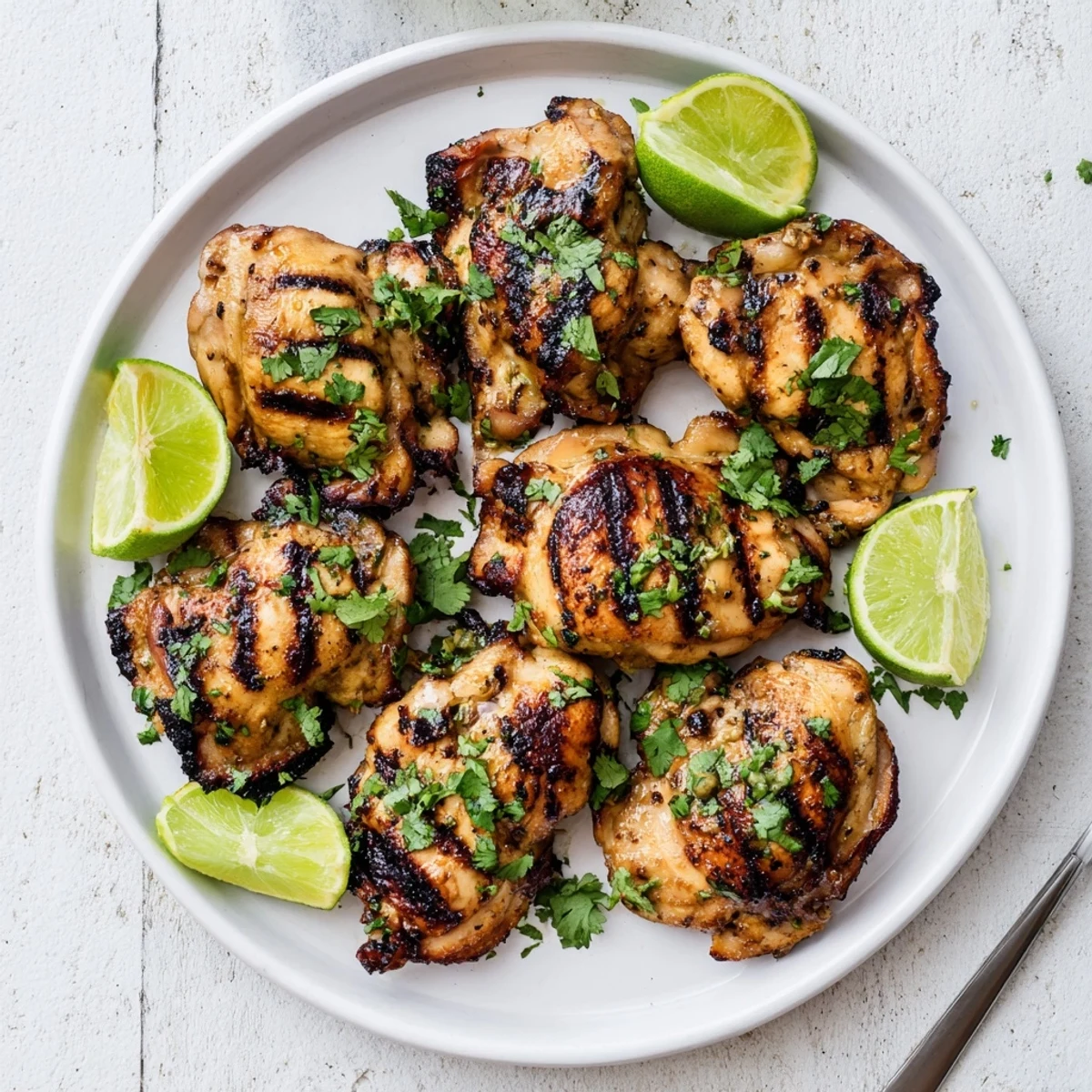 Golden brown grilled cilantro lime chicken thighs resting on platter after grilling to perfection