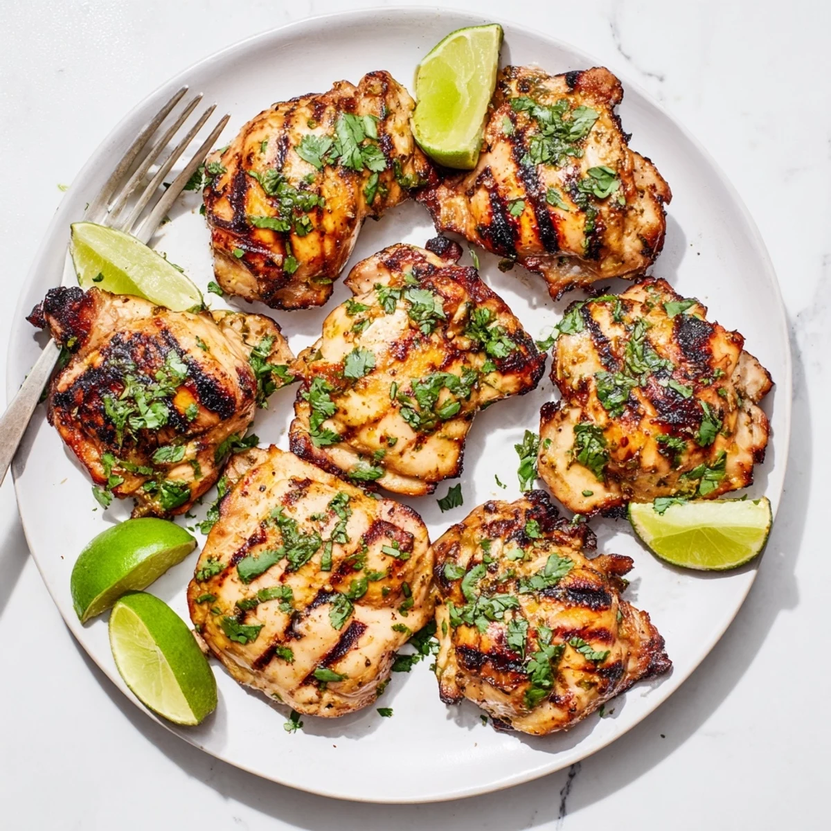 Plate of zesty grilled cilantro lime chicken thighs served with lime wedges for squeezing