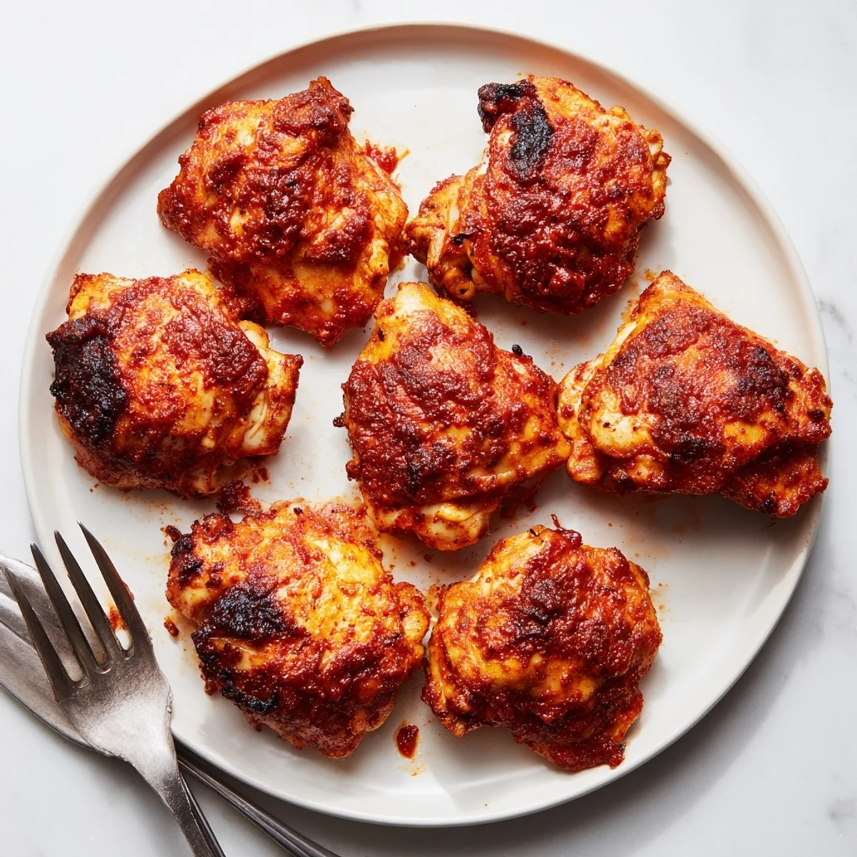 Golden brown BBQ chicken thighs glistening with smoky sauce, fresh from the grill