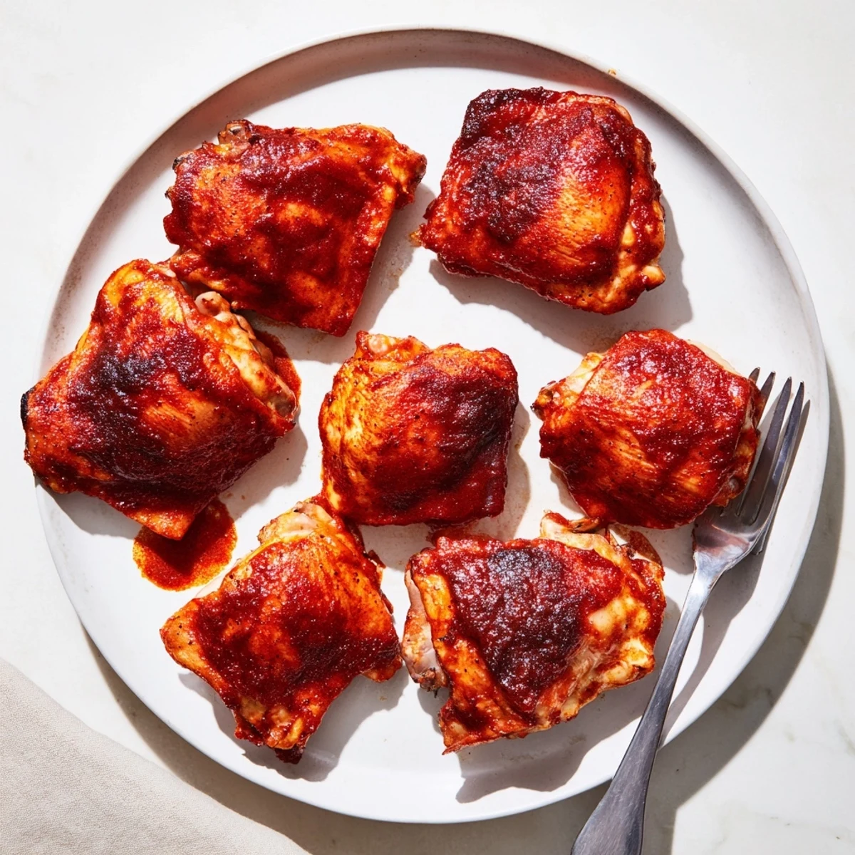 Tender, juicy chicken thighs brushed with tangy barbecue glaze on a white serving platter
