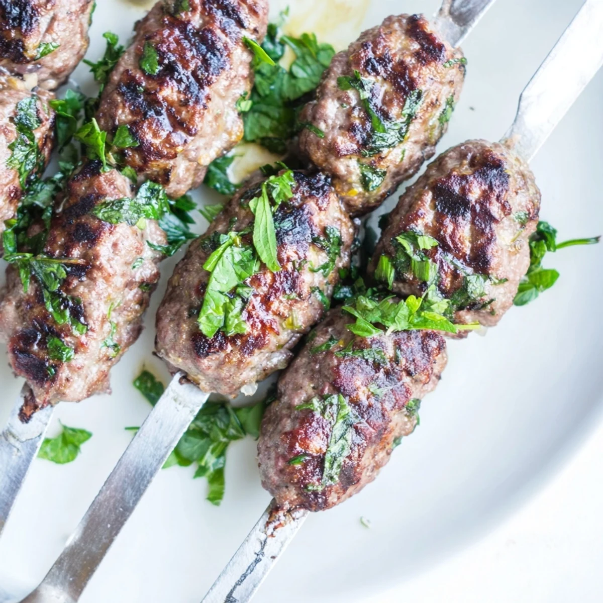 Golden grilled lamb kofta kebabs seasoned with aromatic Middle Eastern spices on metal skewers