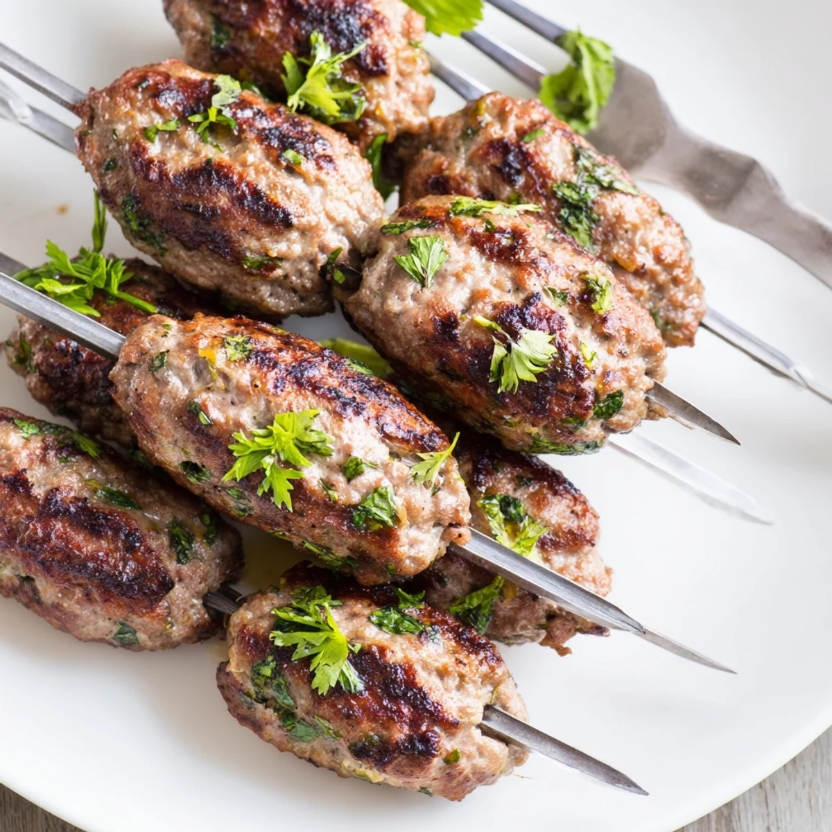 Juicy homemade lamb kofta kebabs with fresh herbs served alongside lemon wedges and rice